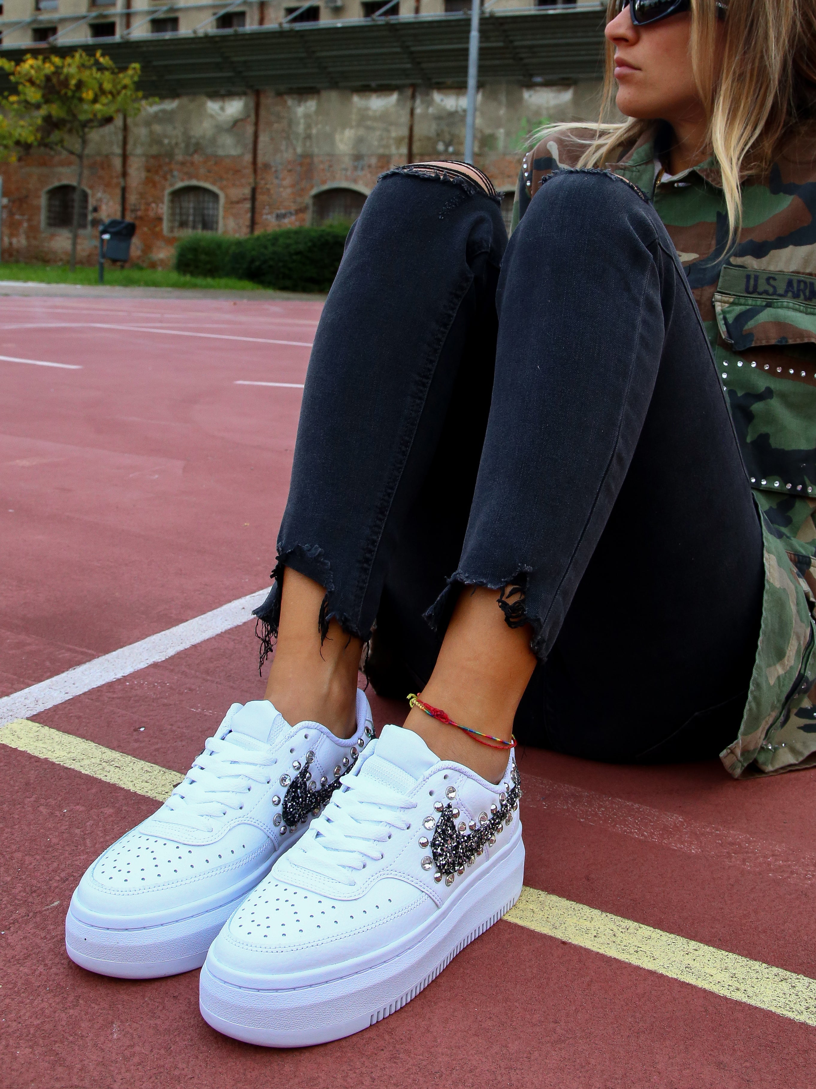 Nike Court Vision Low Platform Black Silver Glitter Borchie & Strass