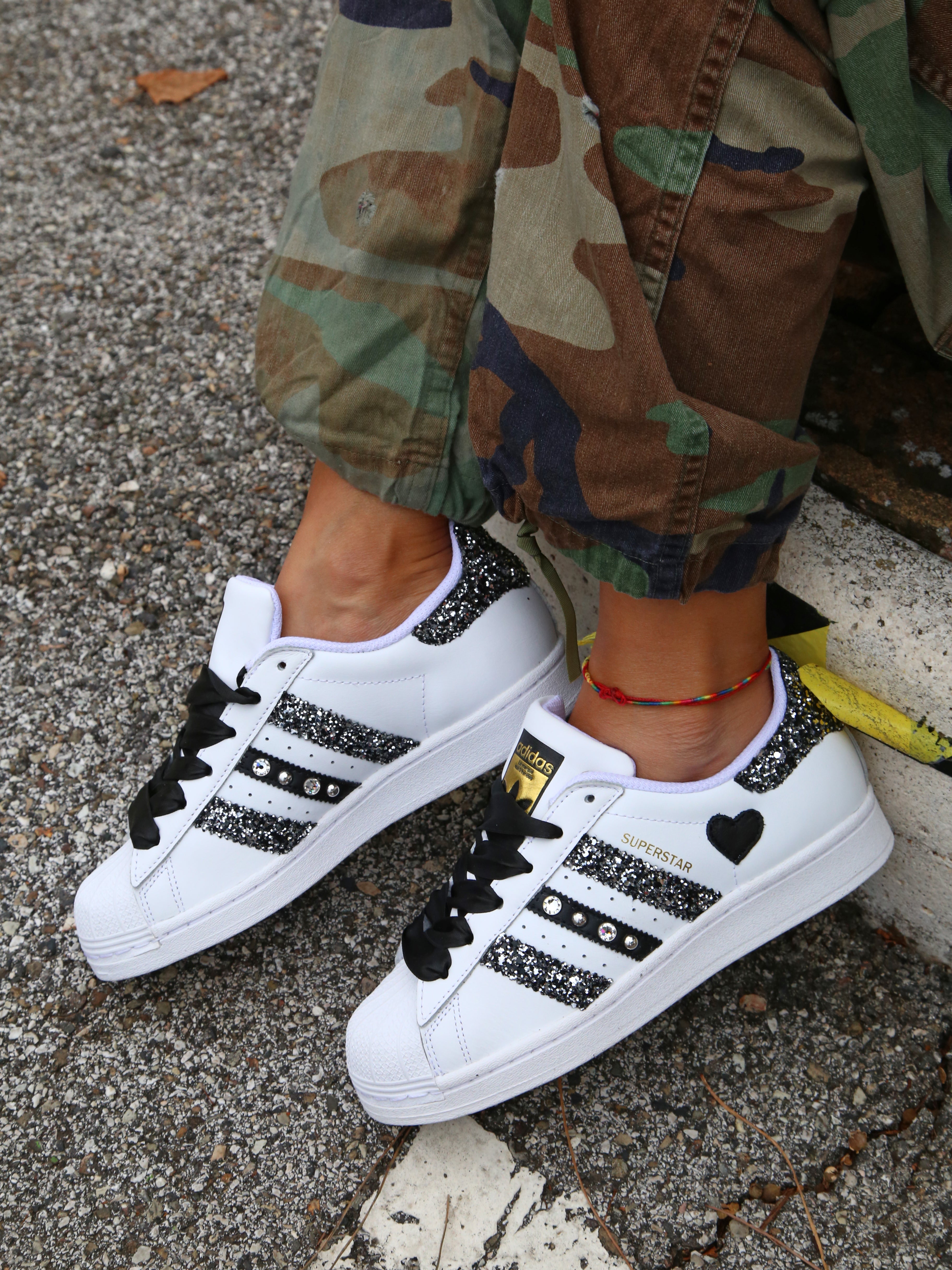 Adidas Superstar Glitter Black Silver Cuore Strass & Lacci Raso