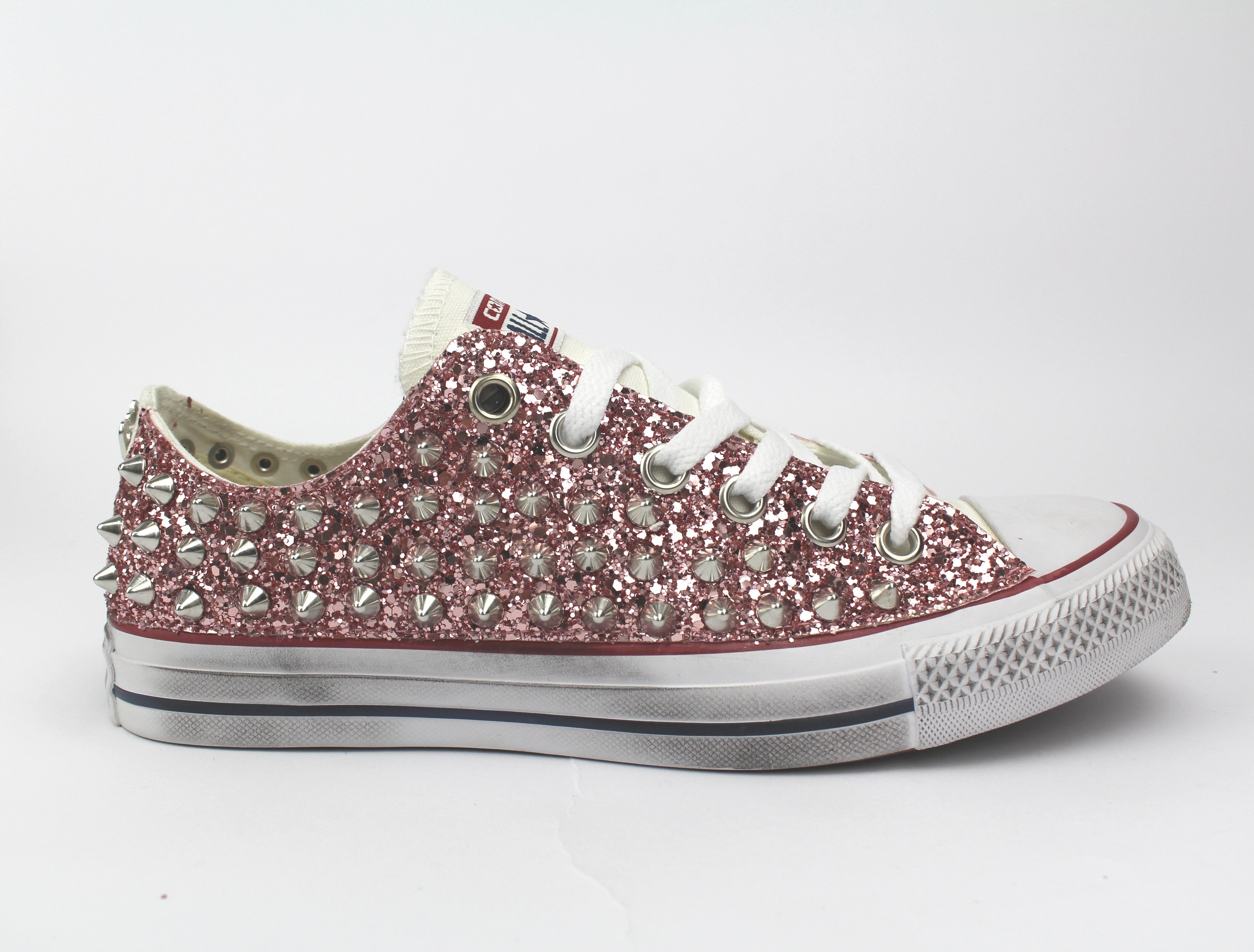 Converse All Star White bassa Glitter Pink & Borchie