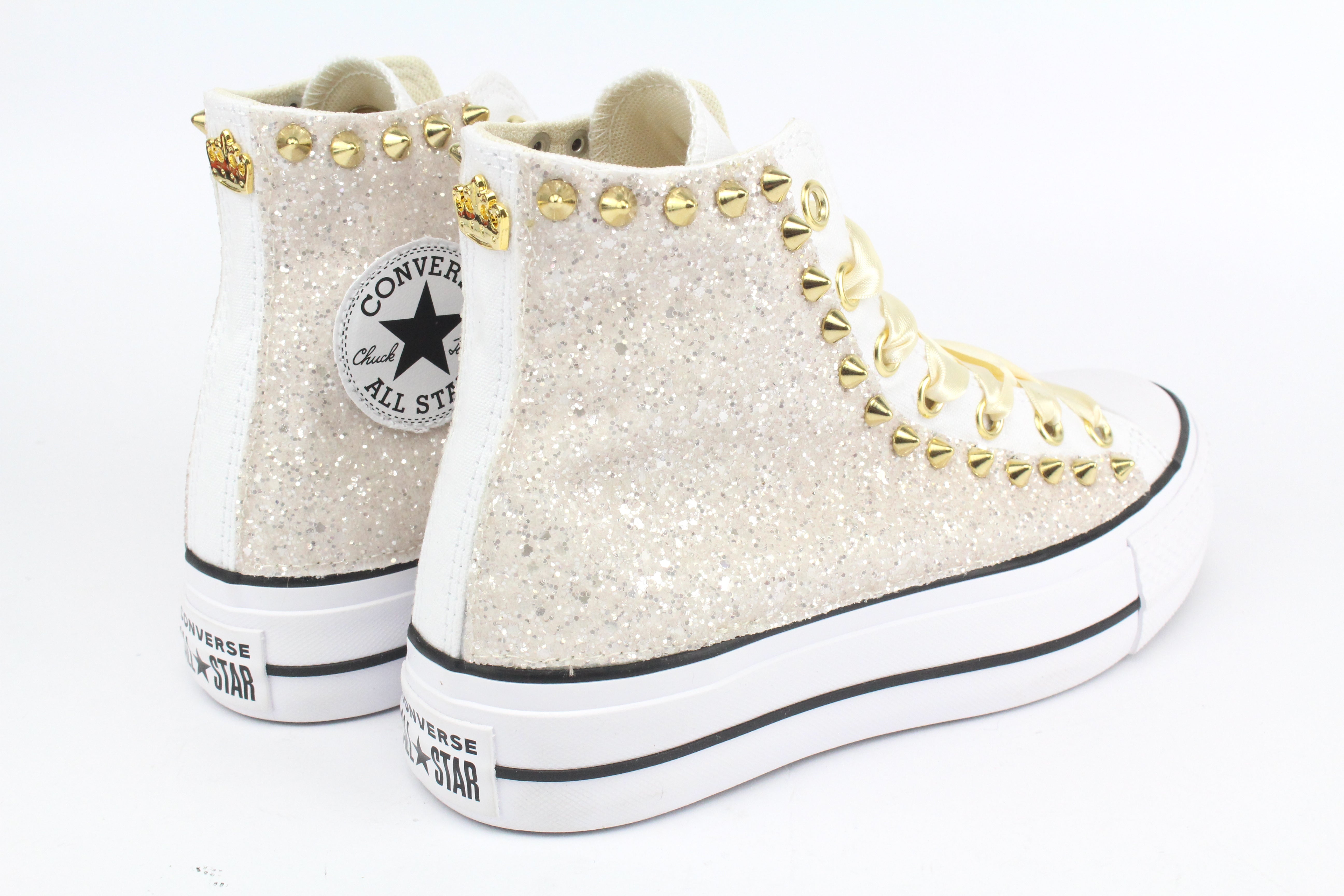 Converse All Star Platform White Glitter Cipria & Borchie