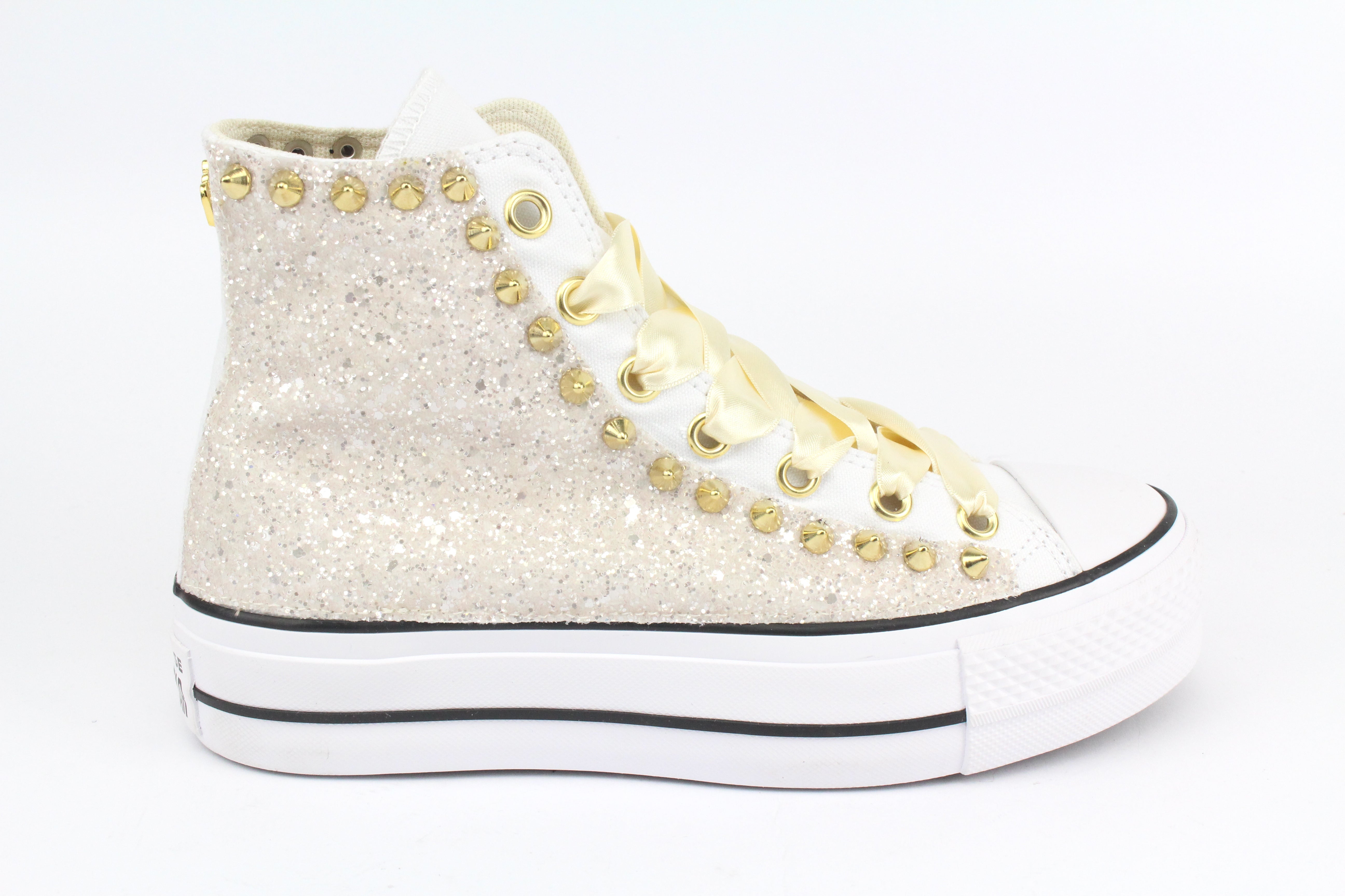 Converse All Star Platform White Glitter Cipria & Borchie