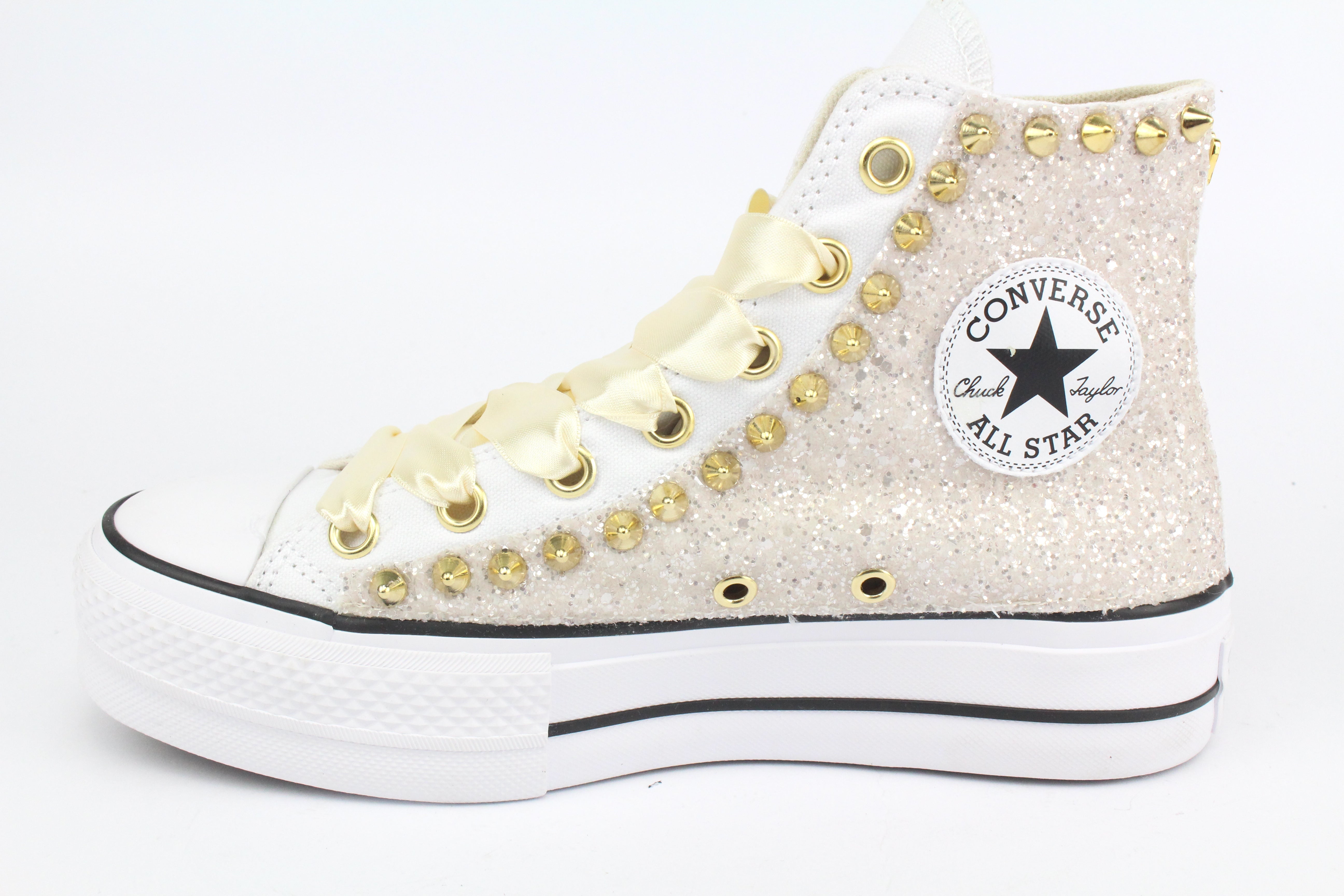 Converse All Star Platform White Glitter Cipria & Borchie