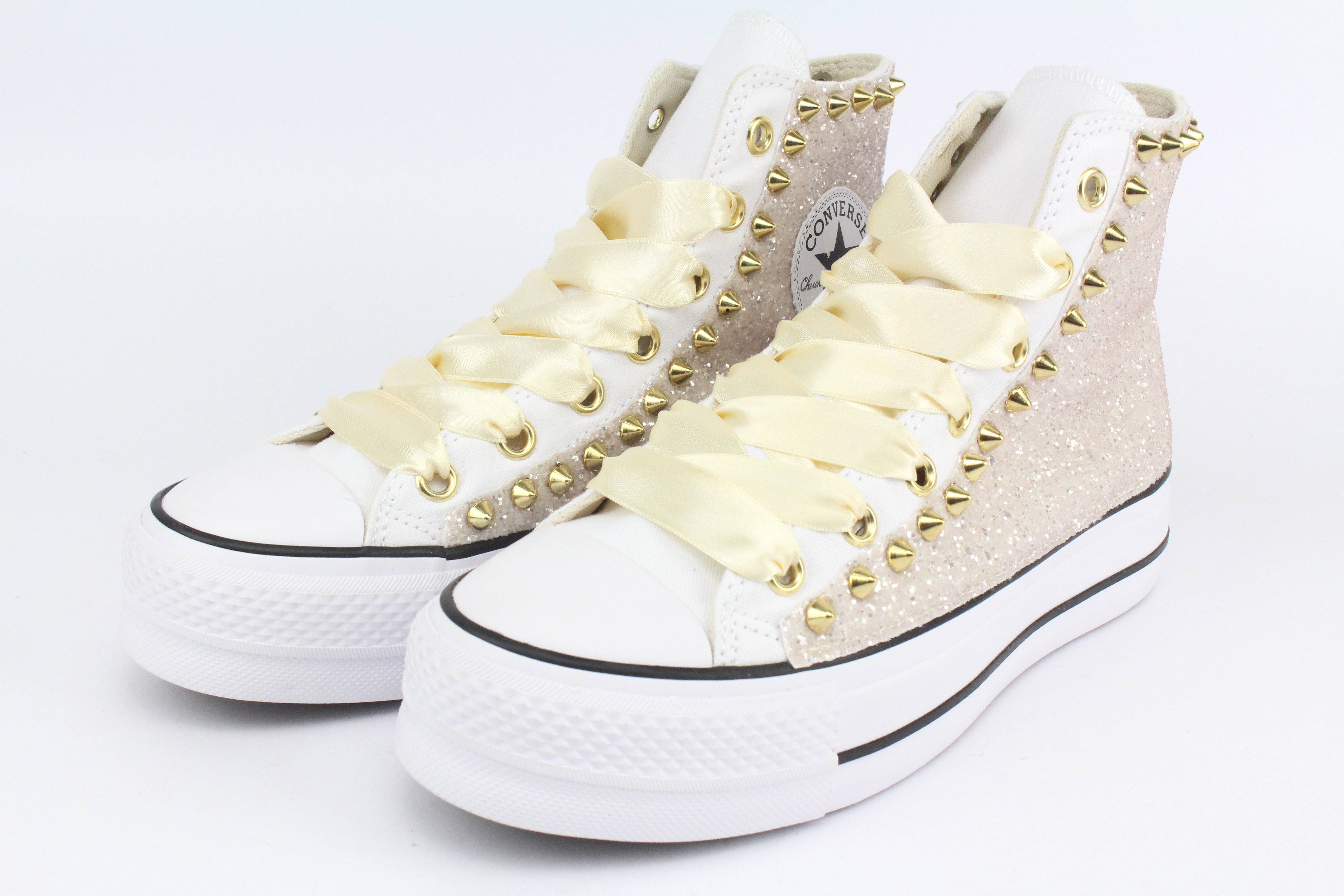 Converse All Star Platform White Glitter Cipria & Borchie