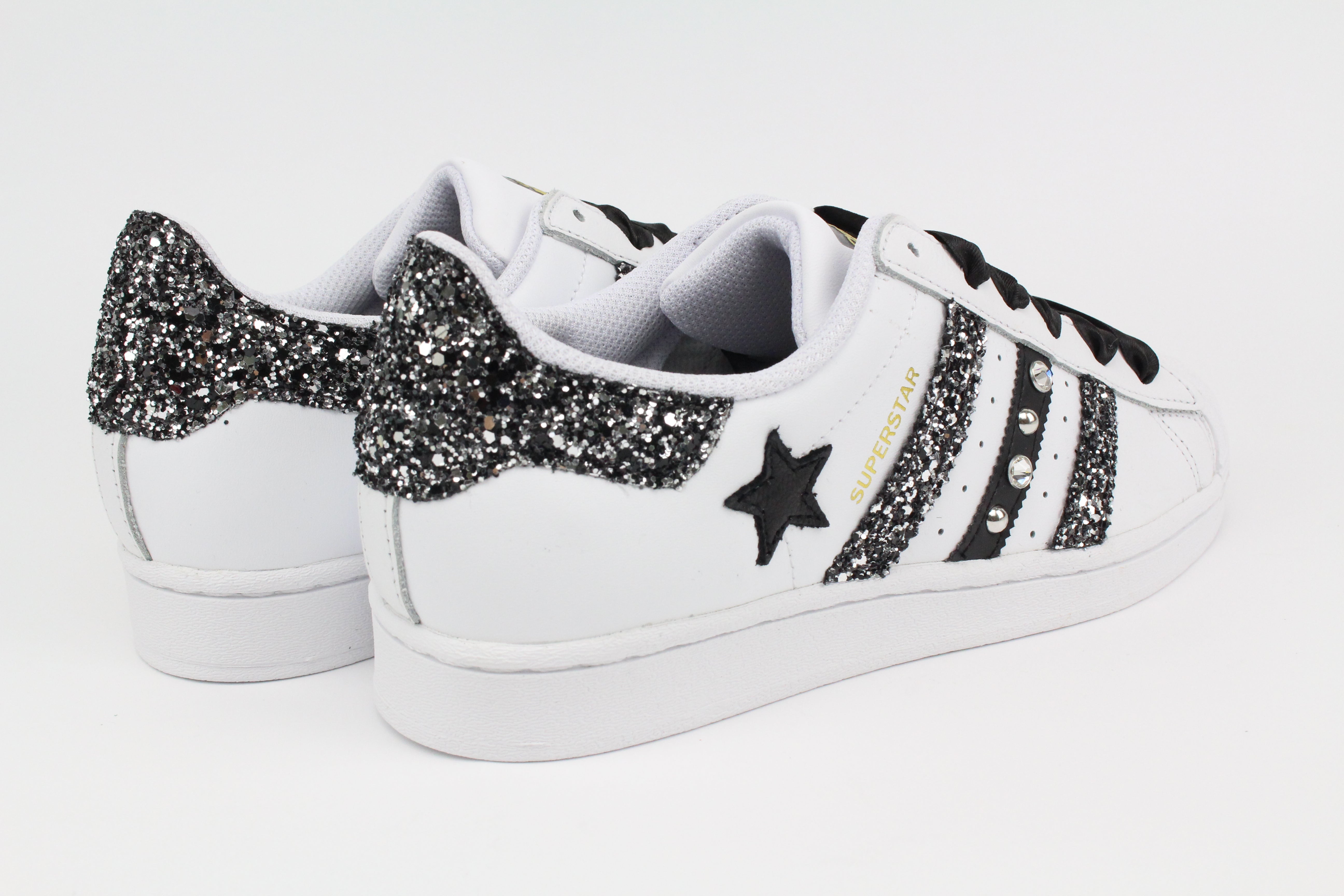Adidas Superstar Glitter Black Silver Stella Strass & Lacci Raso