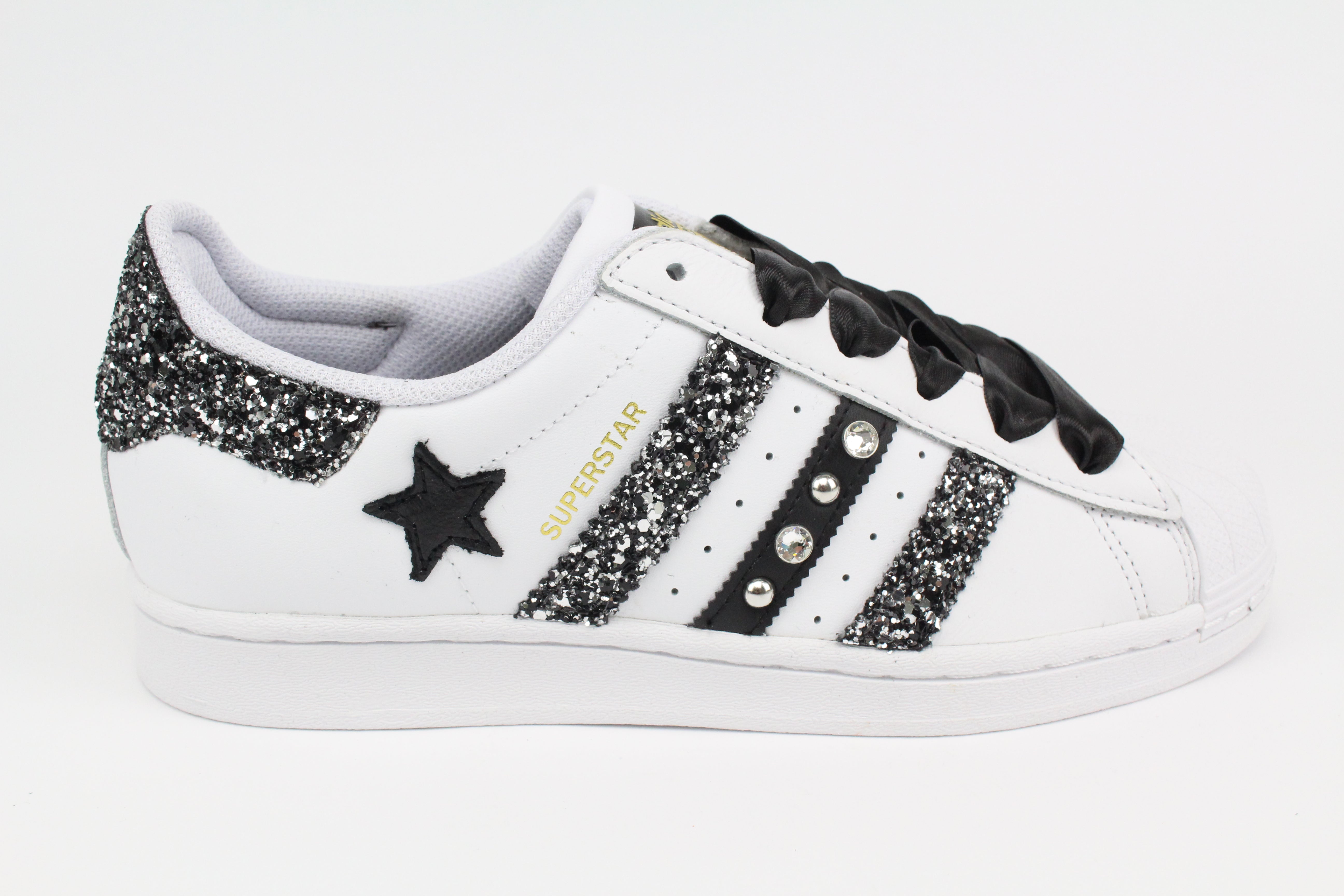 Adidas Superstar Glitter Black Silver Stella Strass & Lacci Raso