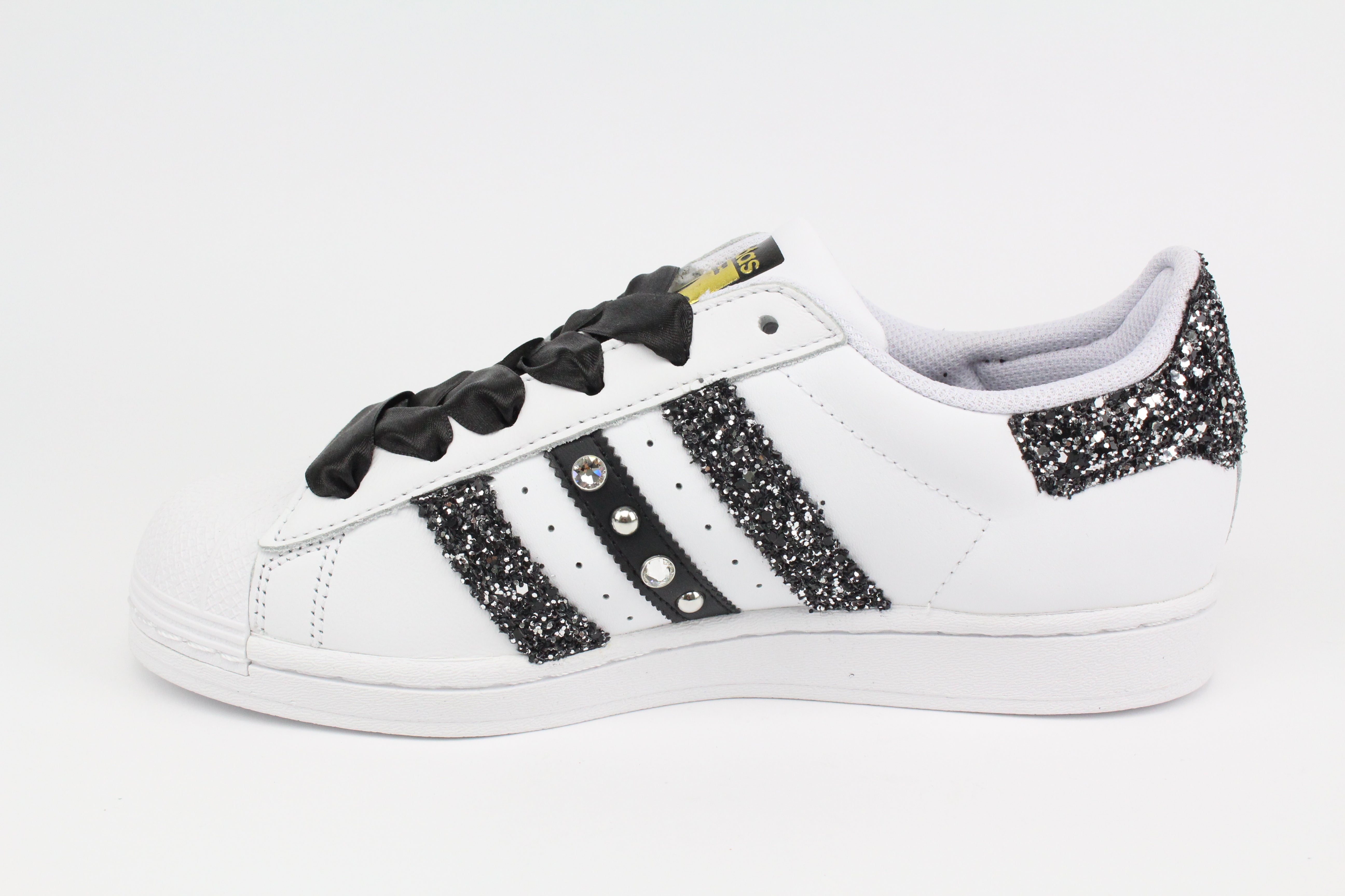 Adidas Superstar Glitter Black Silver Stella Strass & Lacci Raso