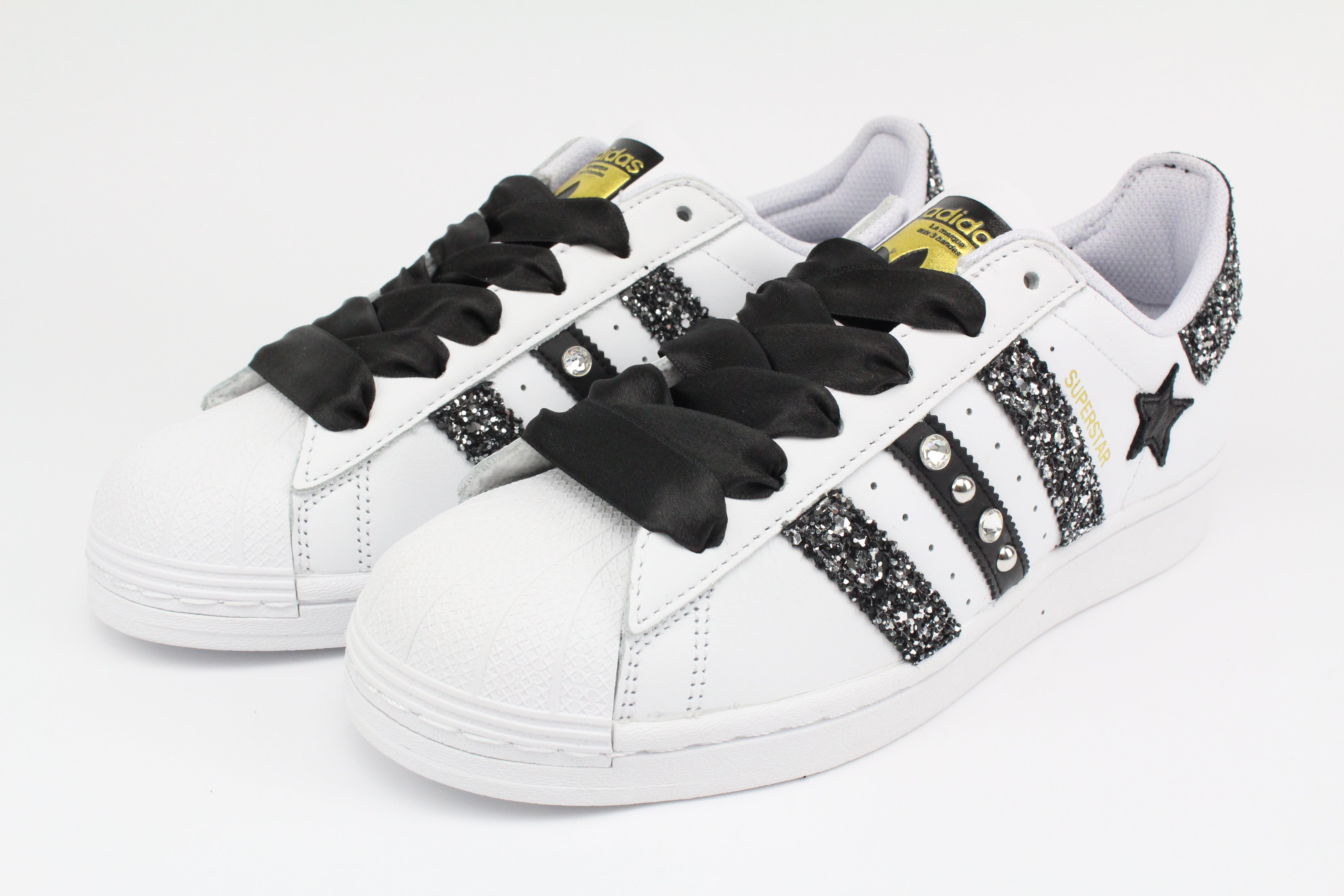 Adidas Superstar Glitter Black Silver Stella Strass & Lacci Raso