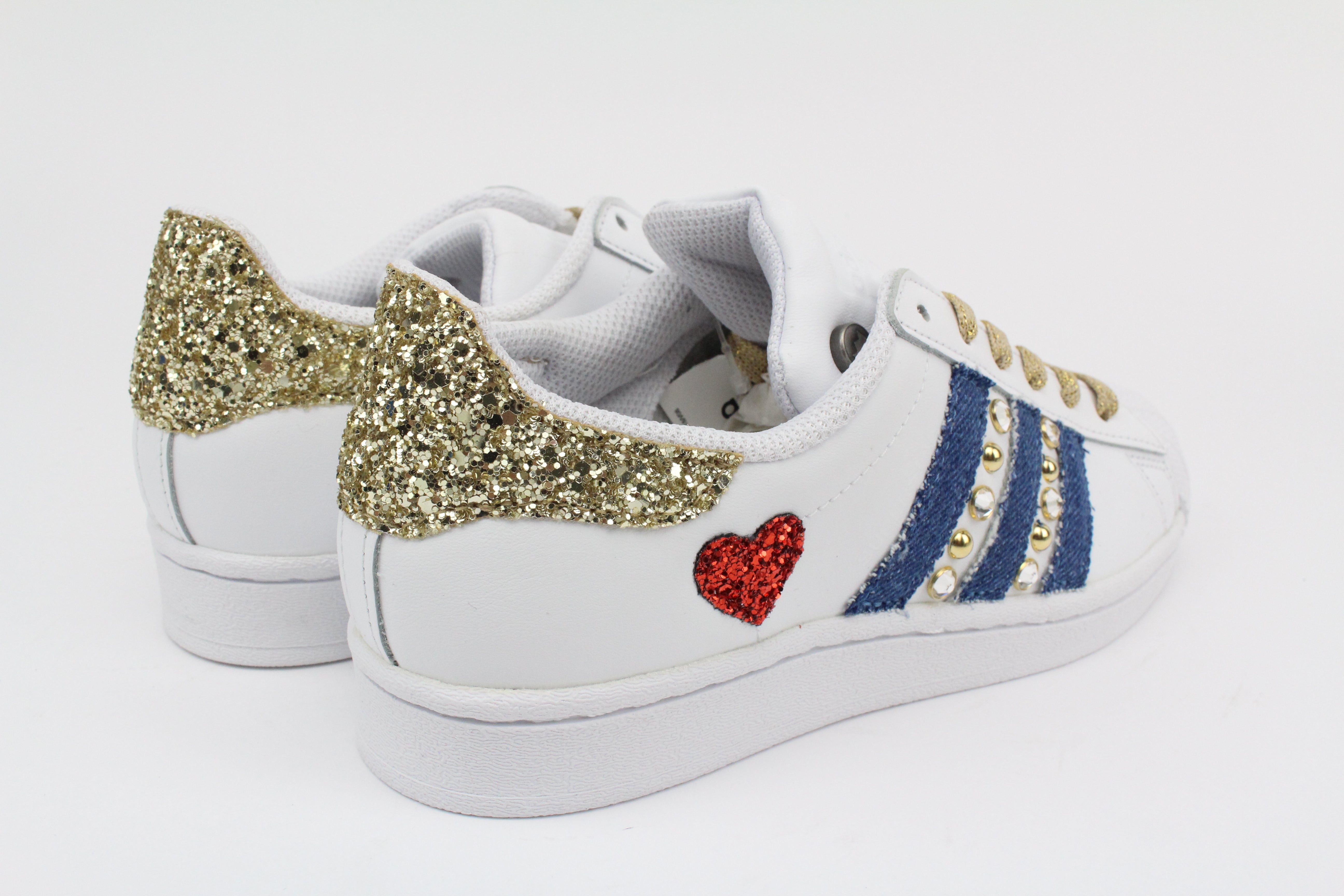 Adidas Superstar Denim Jeans Strass & Cuore Rosso