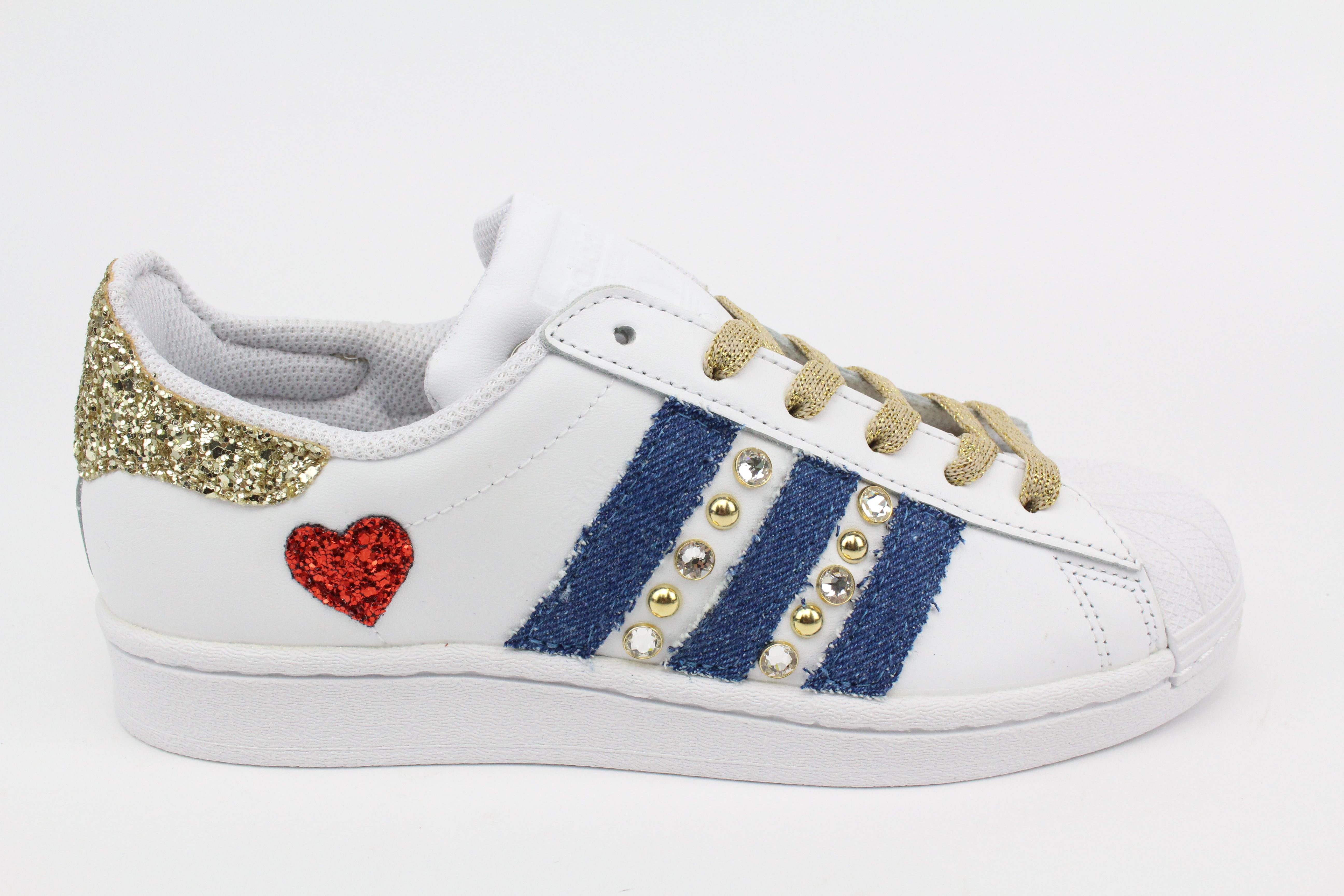 Adidas Superstar Denim Jeans Strass & Cuore Rosso