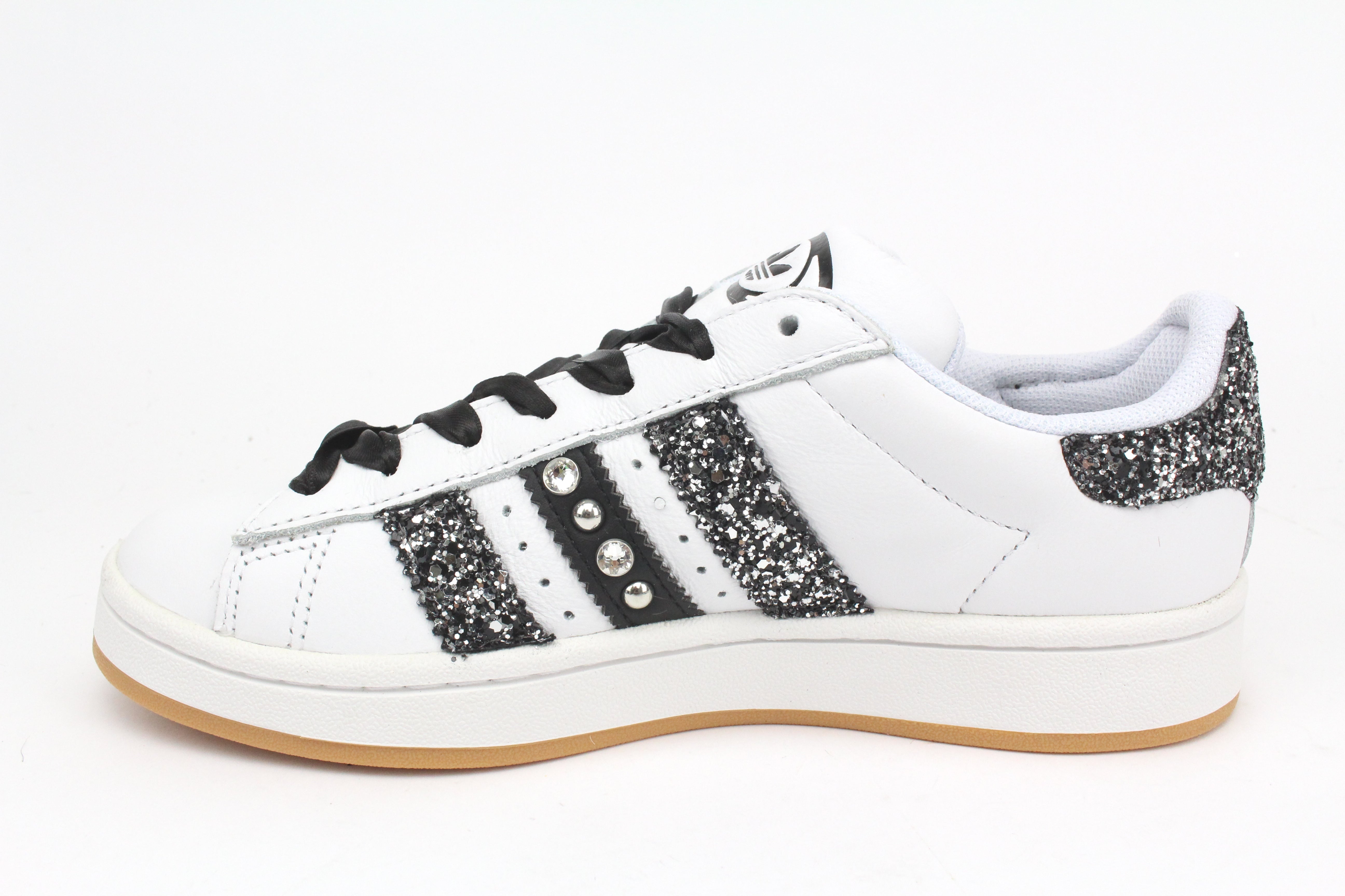 Adidas Campus Glitter Black Silver Cuore Strass & Lacci Raso