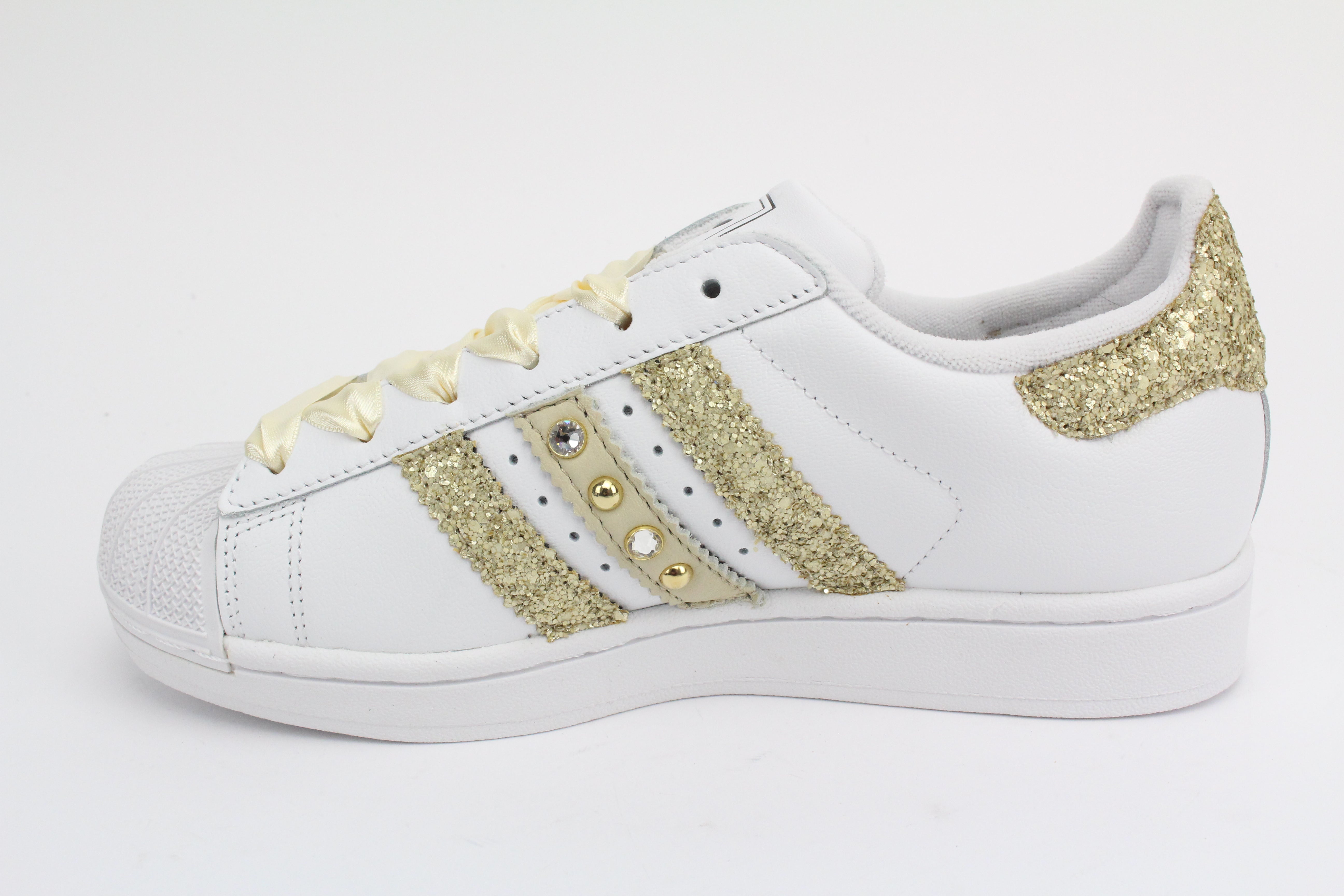 Adidas Superstar Glitter Beige Cuore Strass & Lacci Raso