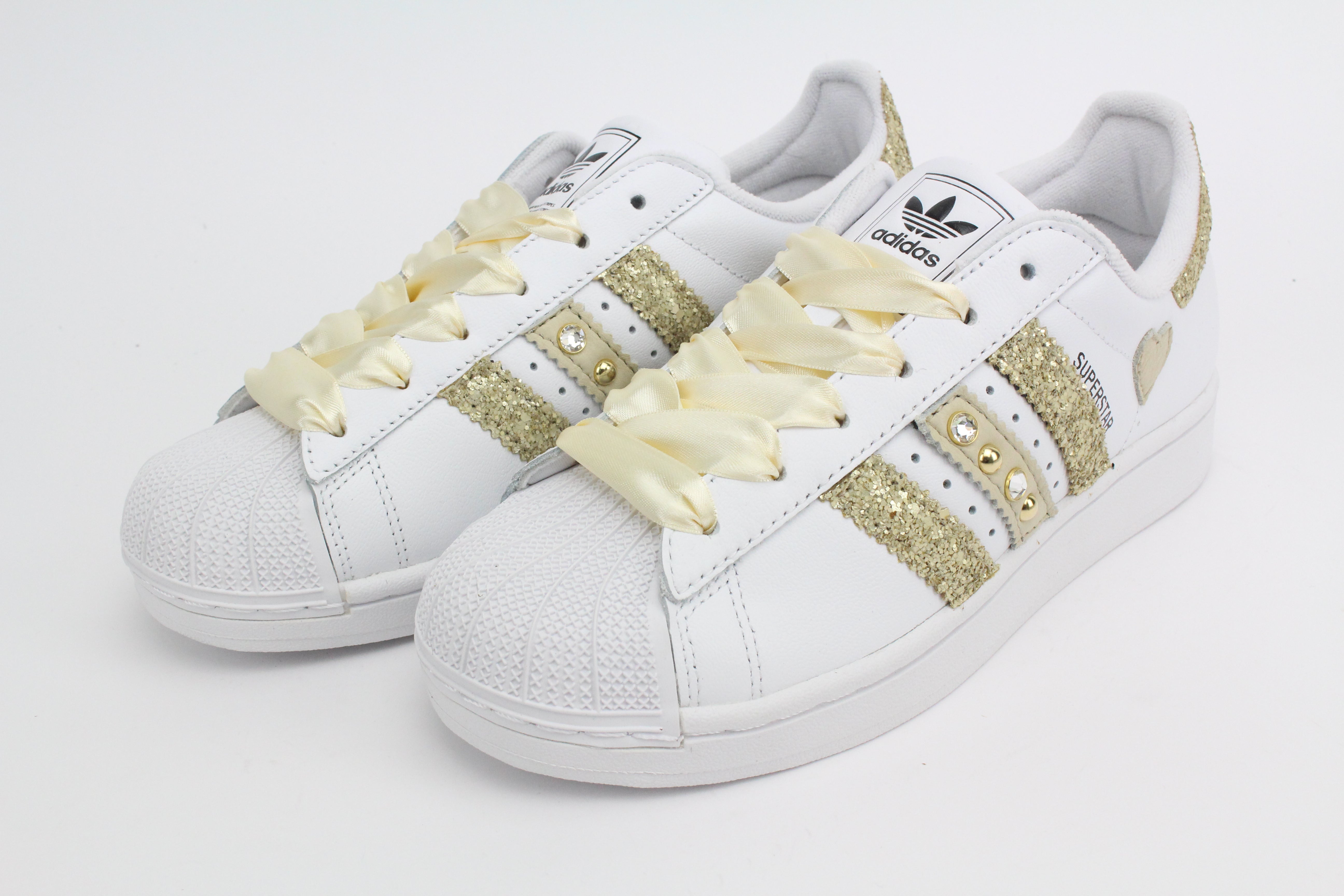 Adidas Superstar Glitter Beige Cuore Strass & Lacci Raso