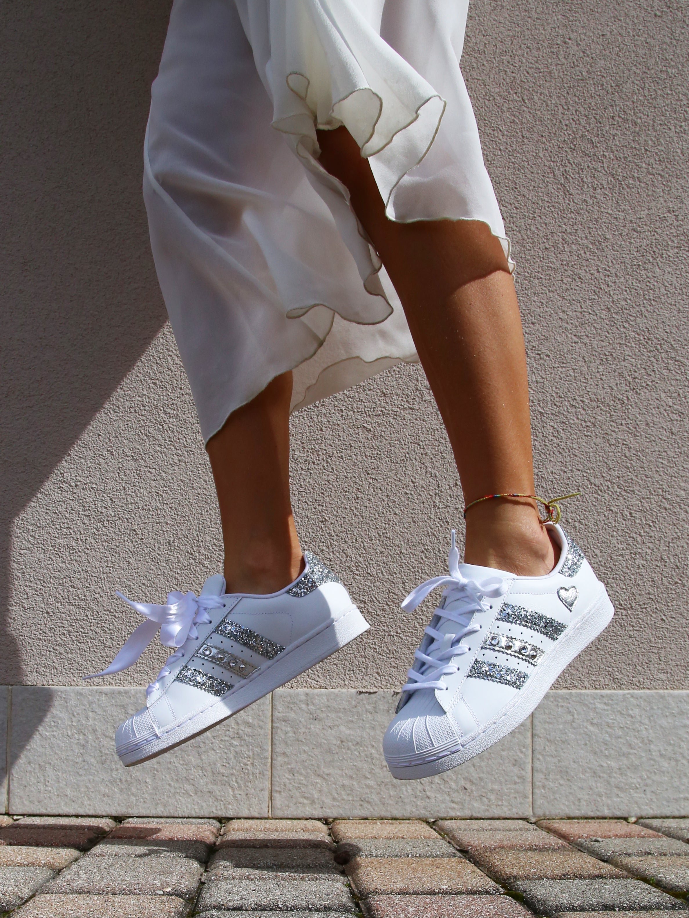 Adidas Superstar Glitter Silver Cuore Strass & Lacci in Raso