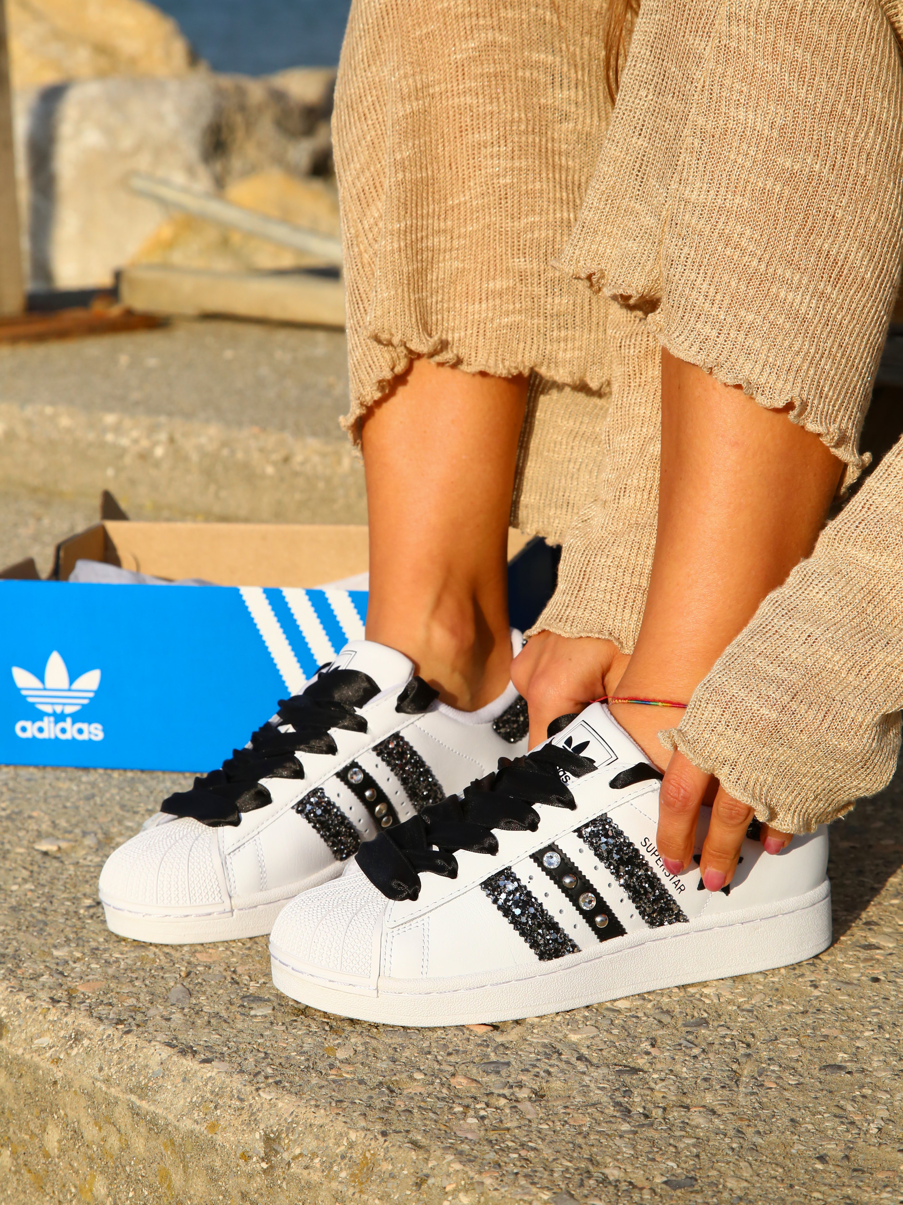 Adidas Superstar Glitter Black Silver Stella Strass & Lacci Raso