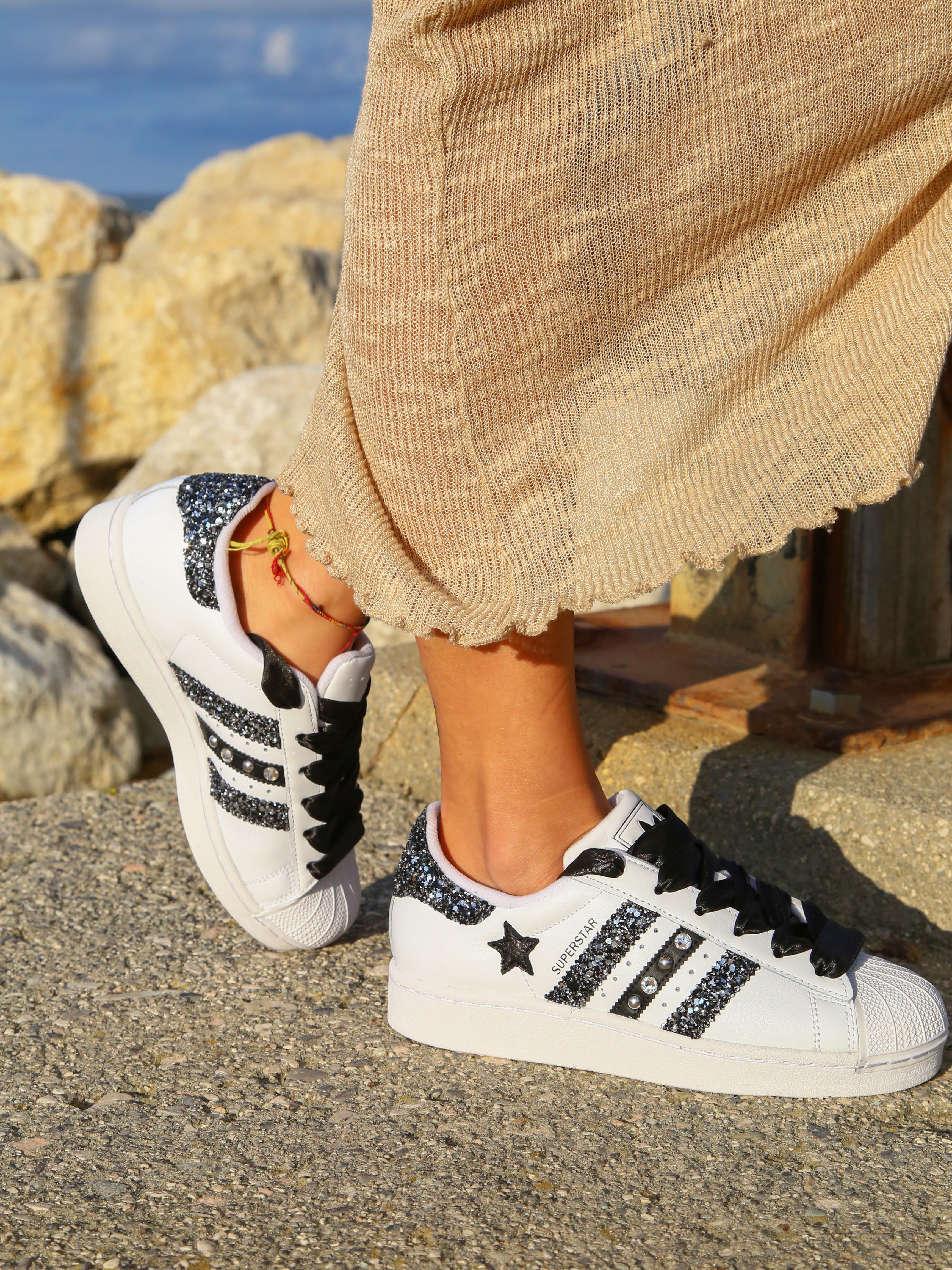 Adidas Superstar Glitter Black Silver Stella Strass & Lacci Raso
