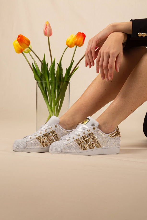 Adidas Superstar Pizzo White Glitter Oro Borchie & Strass