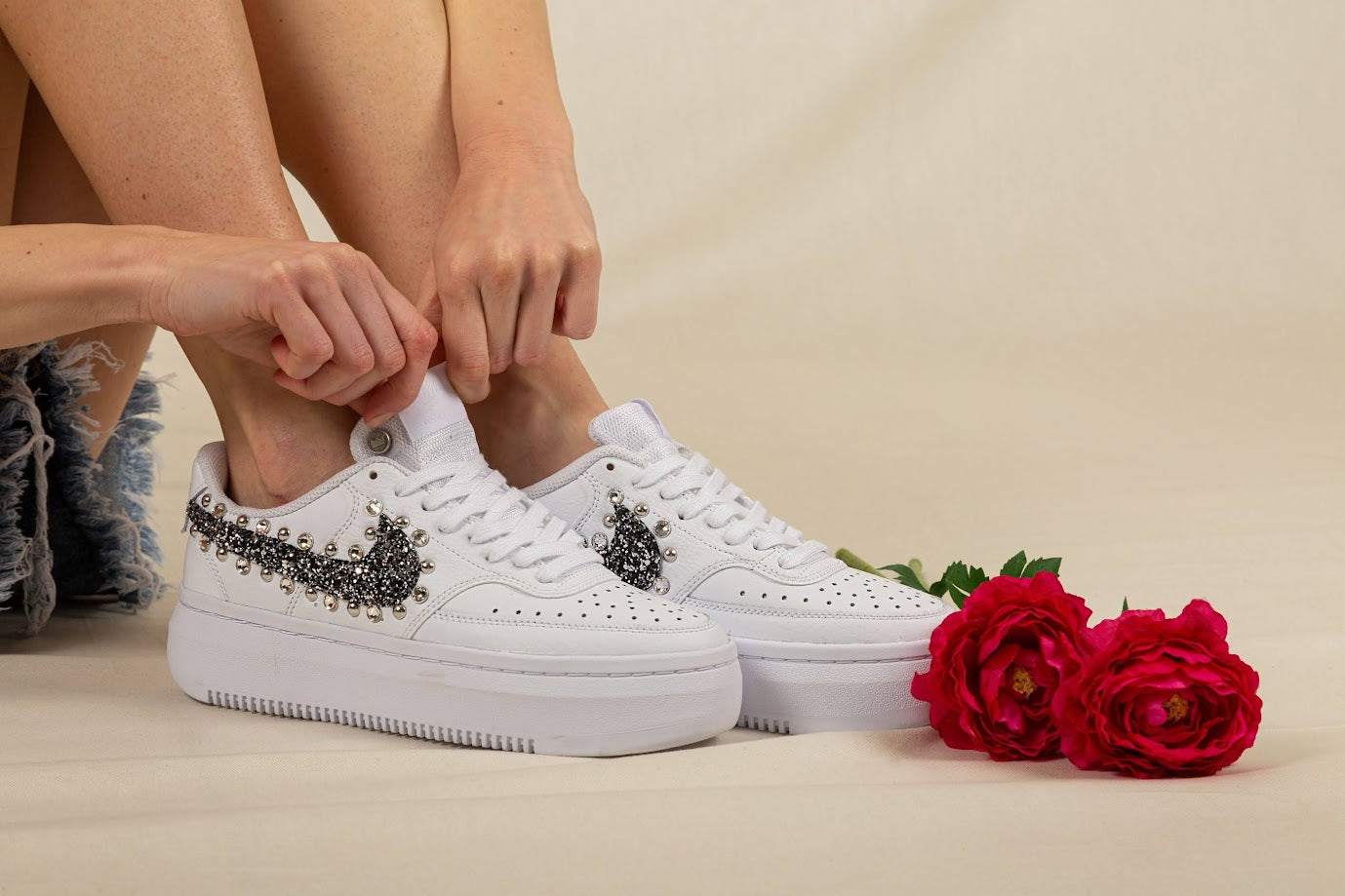 Nike Court Vision Low Platform Black Silver Glitter Borchie & Strass