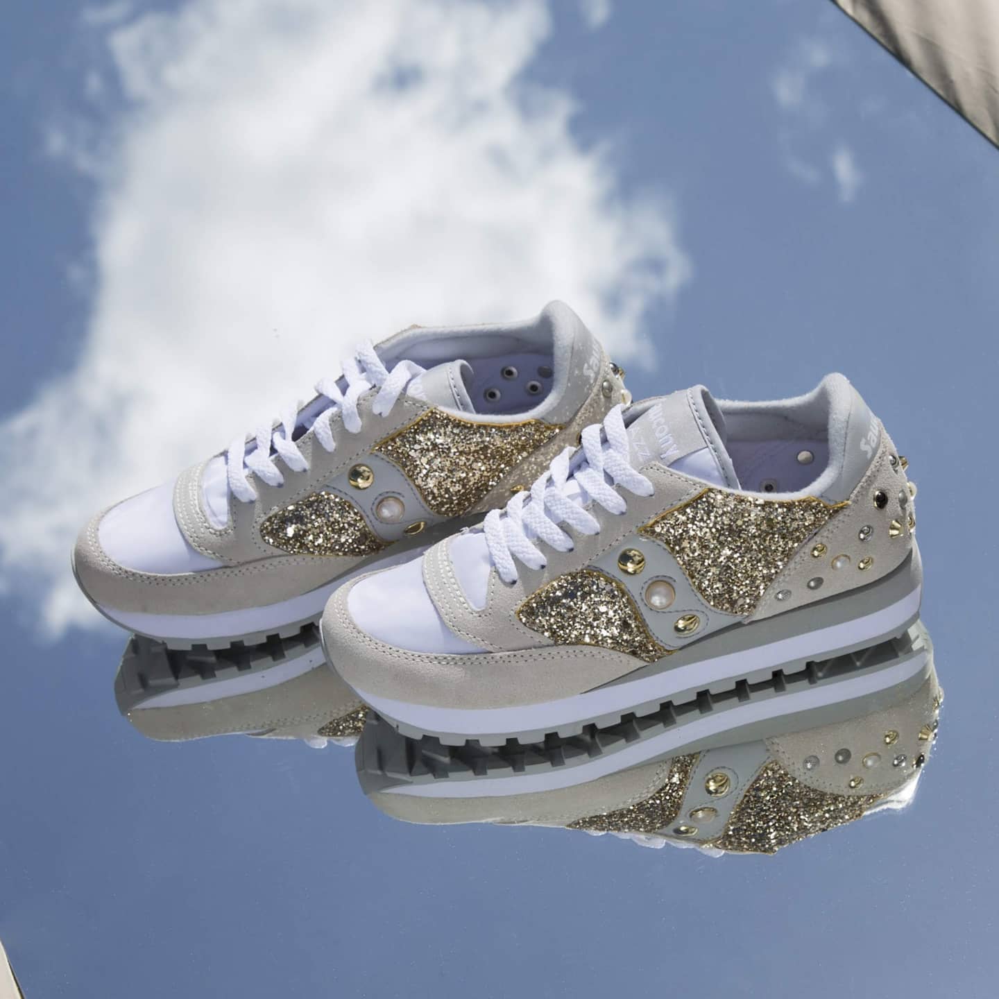 Saucony Jazz White Gold Glitter & Borchie