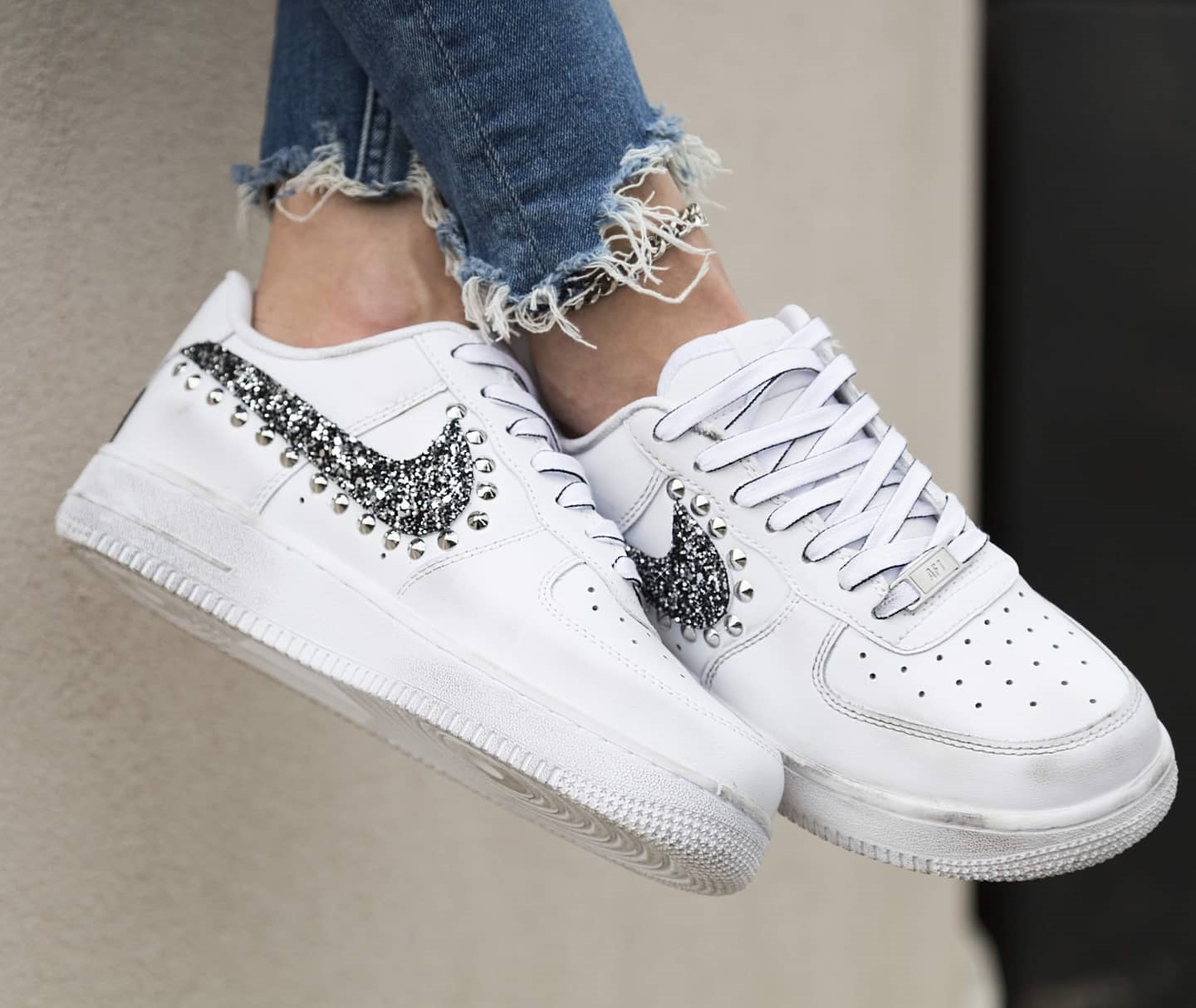 Nike Air Force 1 '07 Black Silver Glitter Borchie & Lacci Cartoon