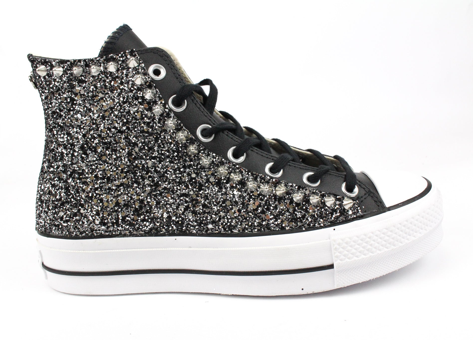 Converse All Star Platform Pelle Black Silver Glitter & Borchie