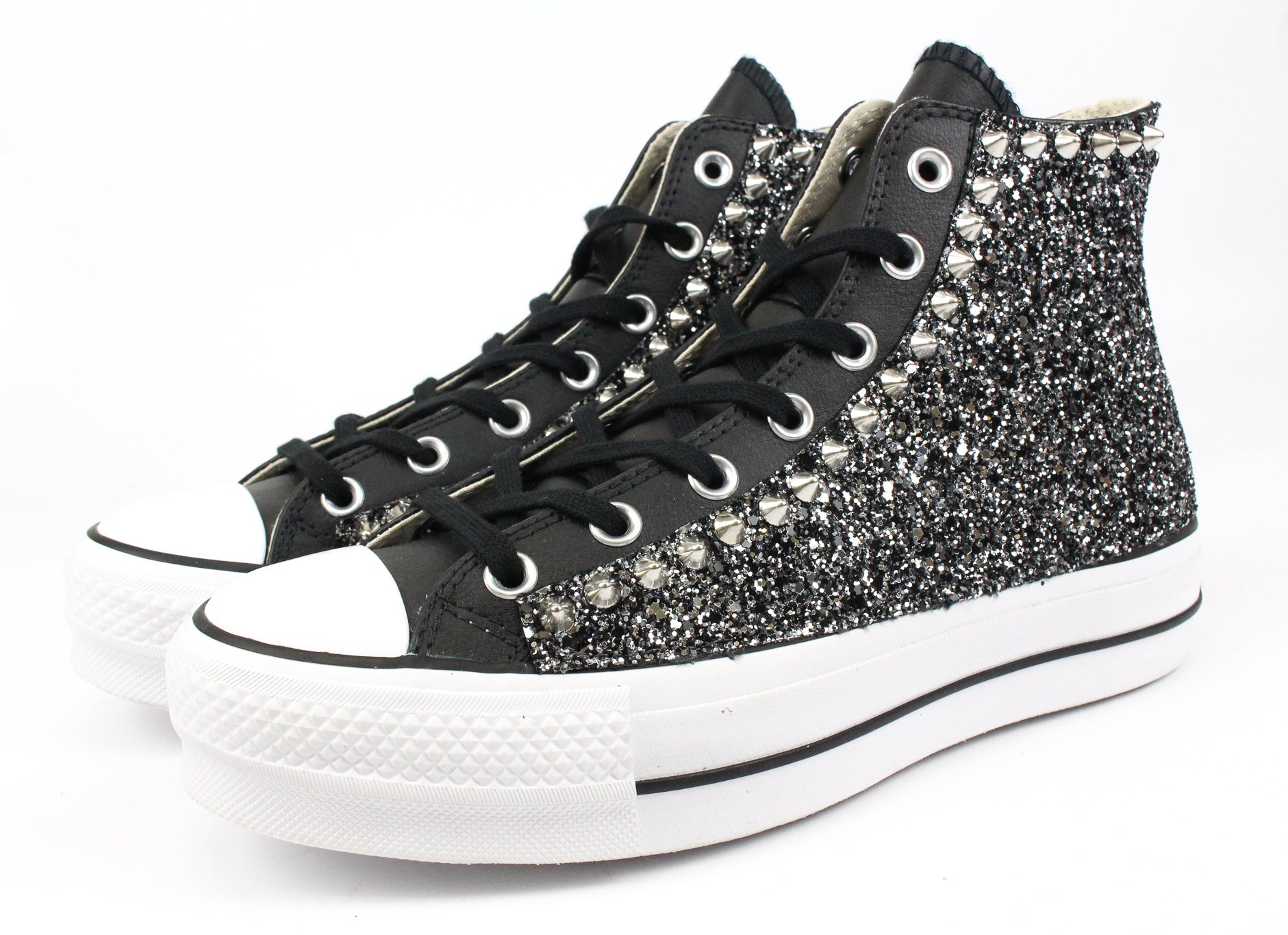 Converse All Star Platform Pelle Black Silver Glitter & Borchie