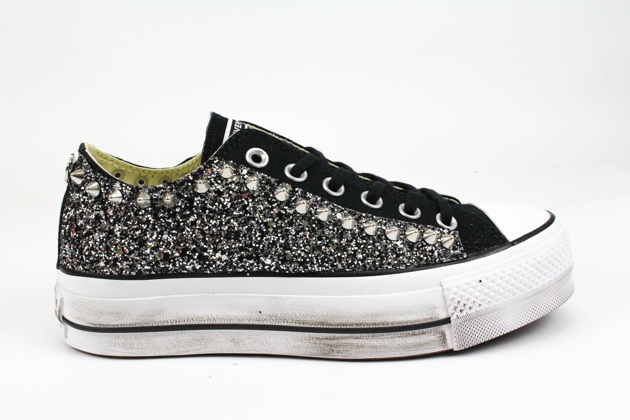 Converse All Star Platform Bassa Black Silver Glitter & Borchie