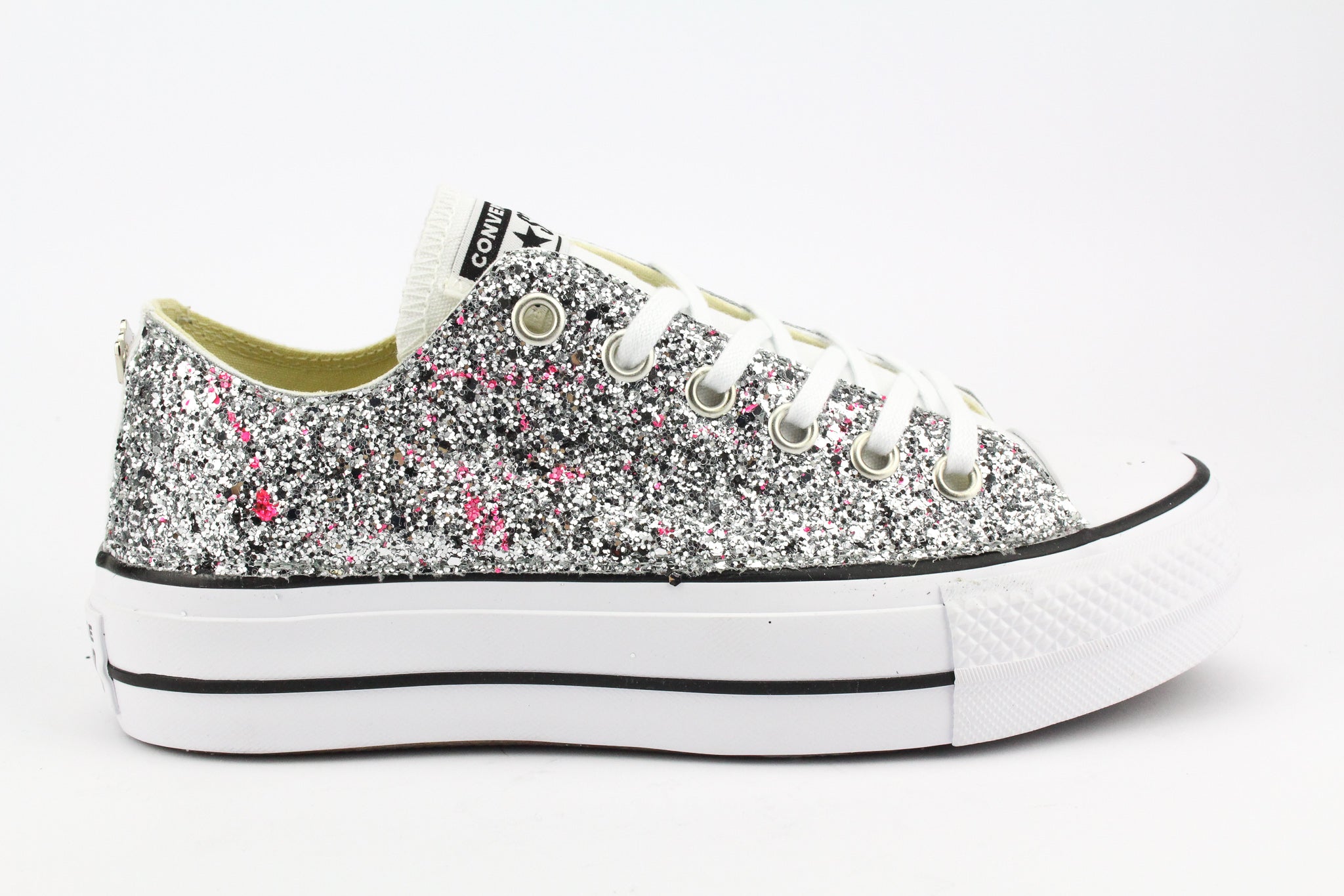 Converse All Star Platform Bassa White Silver Glitter & Vernice