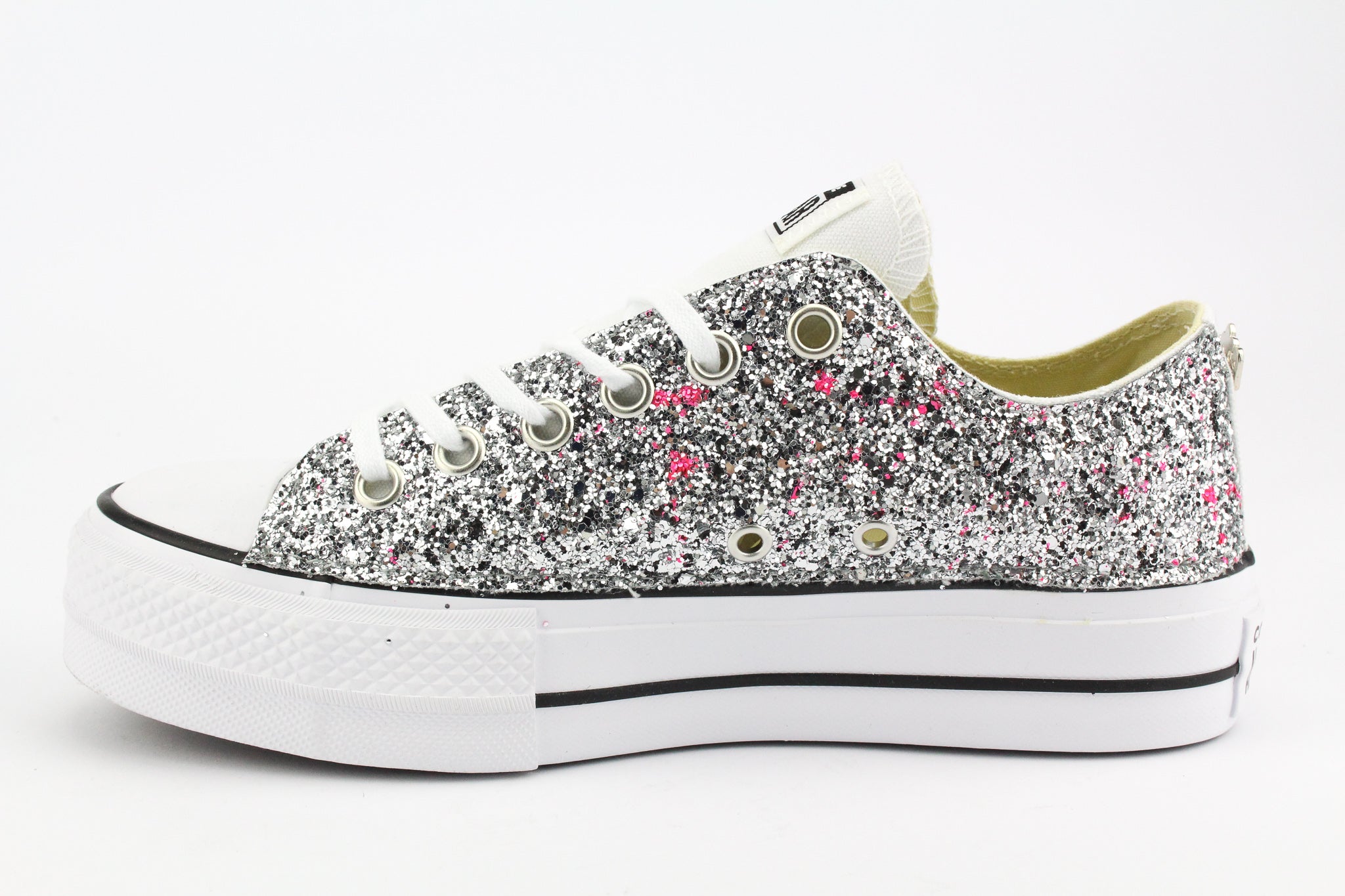 Converse All Star Platform Bassa White Silver Glitter & Vernice