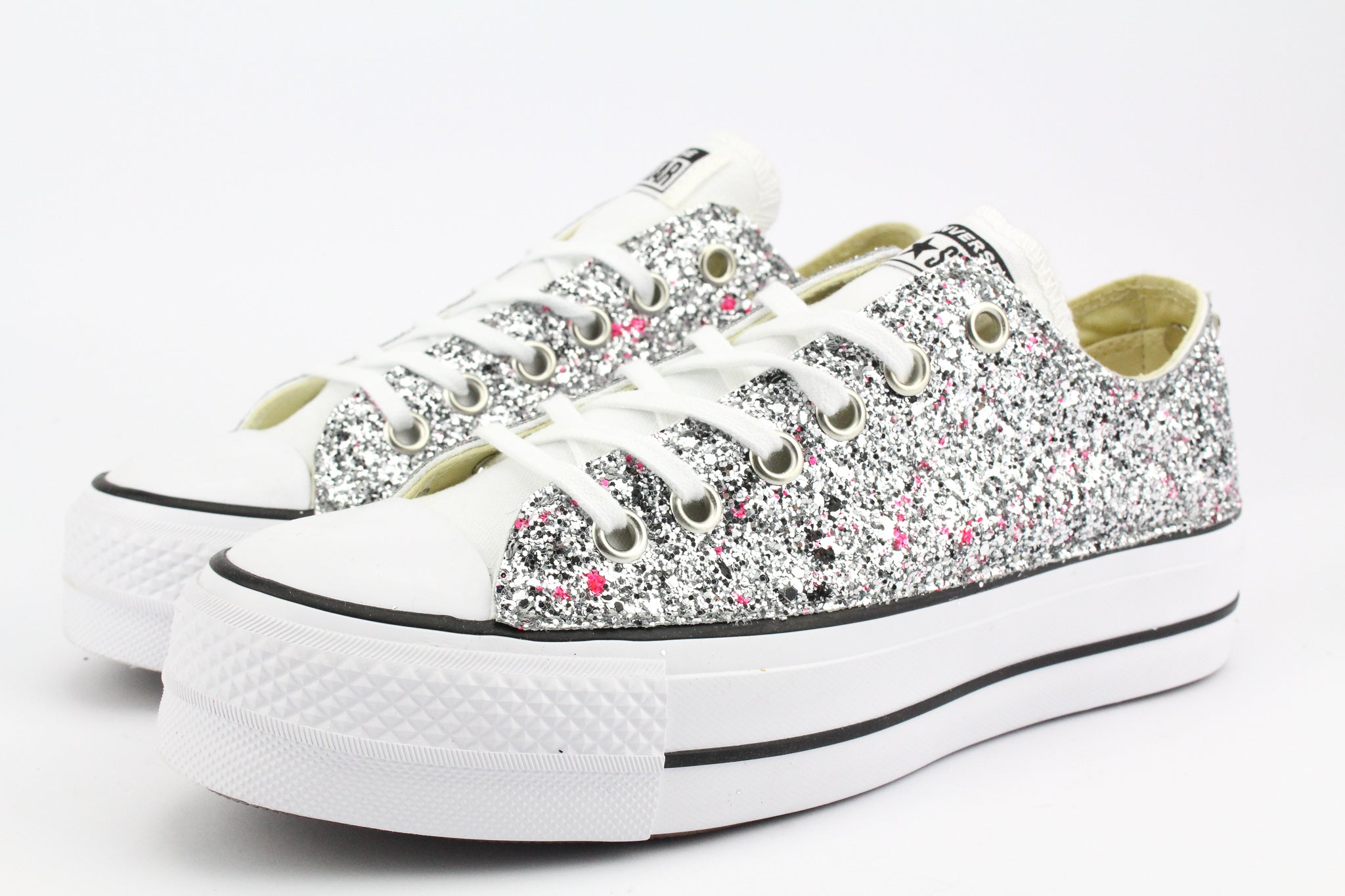 Converse All Star Platform Bassa White Silver Glitter & Vernice