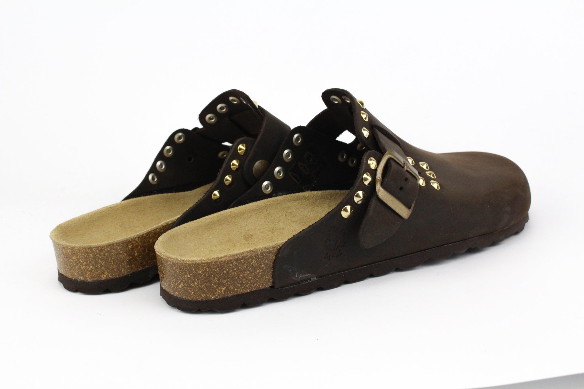 Sandali Sabot Pelle Brown Borchie Gold