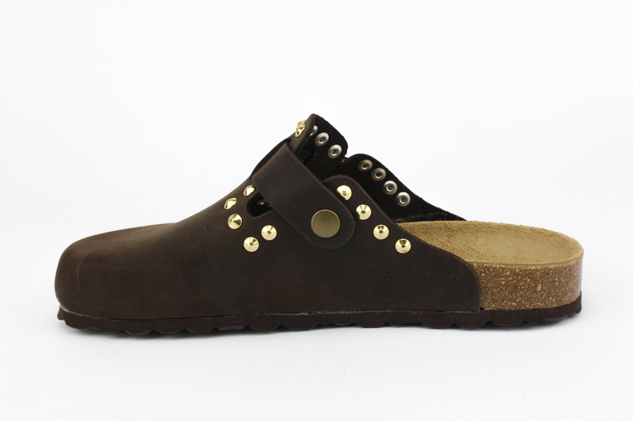 Sandali Sabot Pelle Brown Borchie Gold