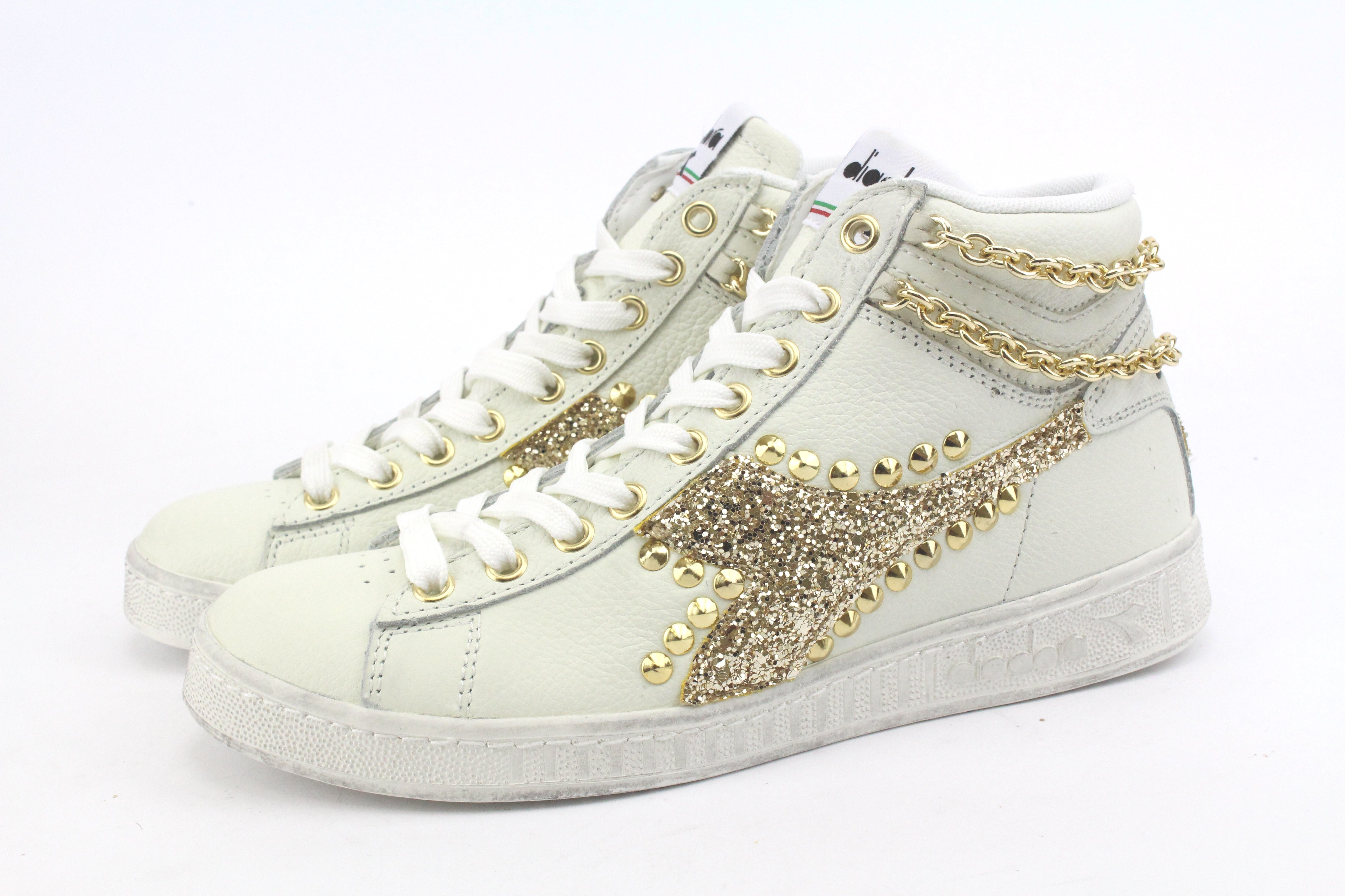 Diadora Game L High Waxed Glitter Oro Borchie & Catena