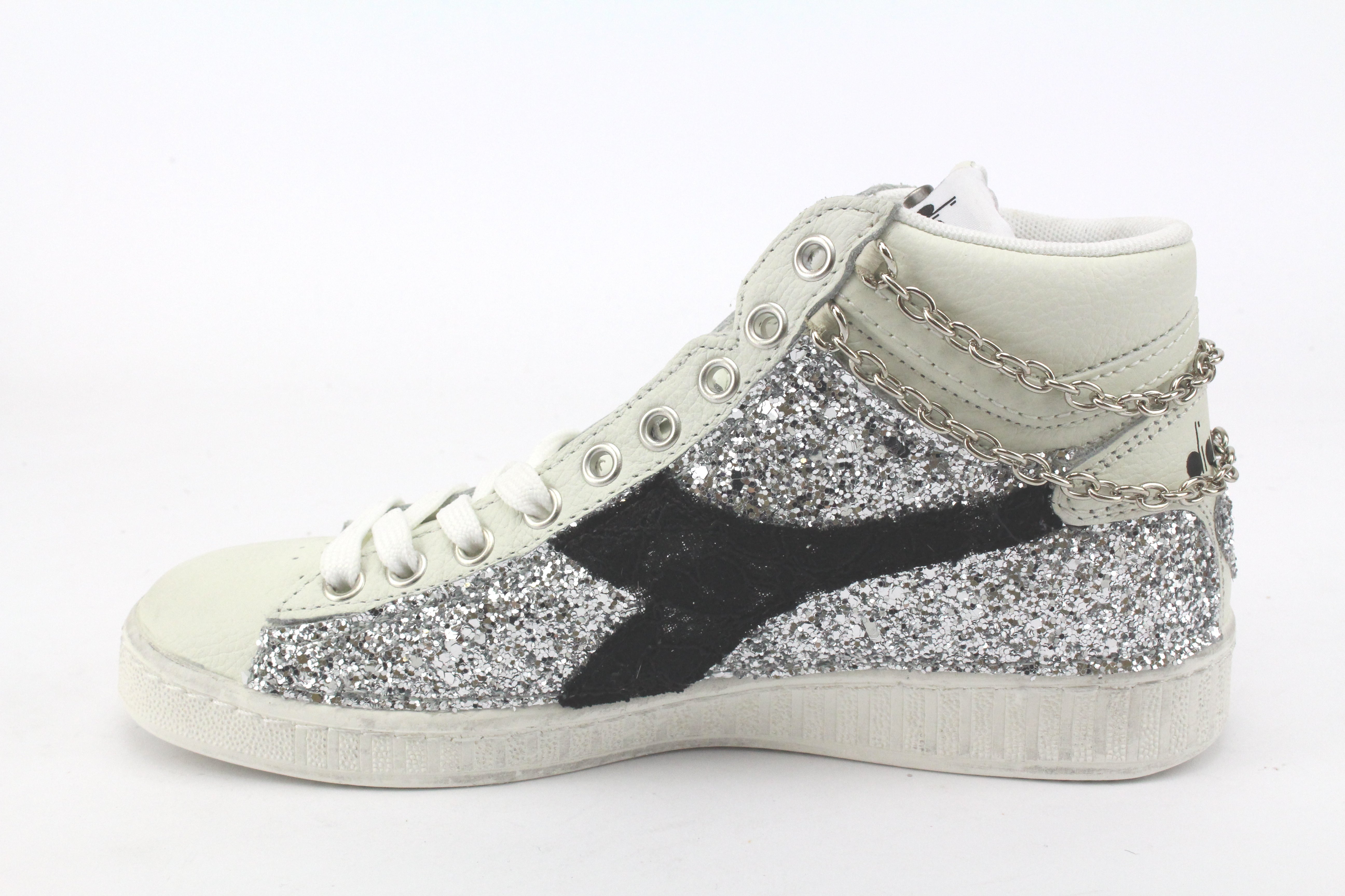 Diadora Game L High Waxed Total Glitter Argento & Catena