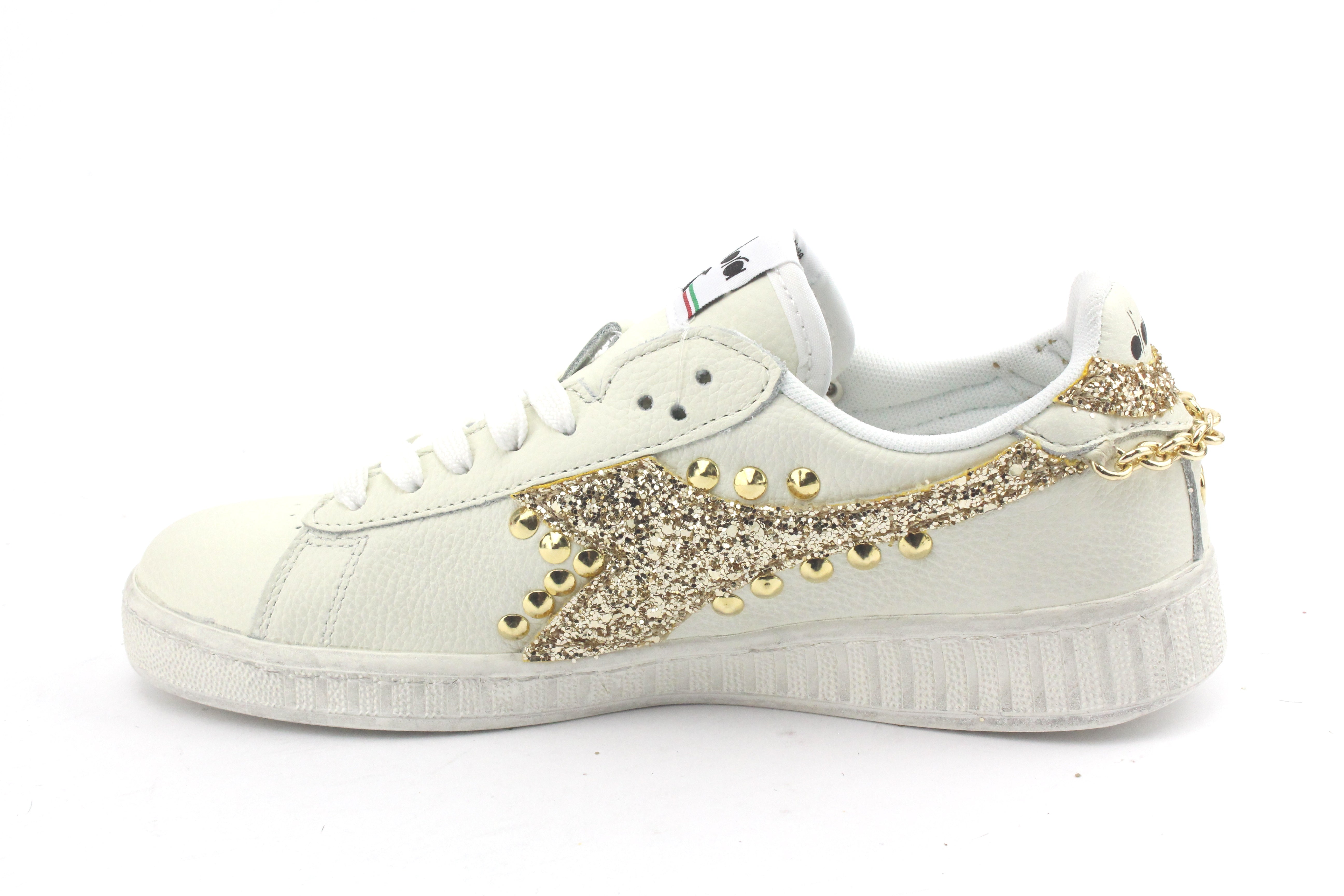 Diadora Game L High Waxed Bassa Glitter Oro Borchie & Catena