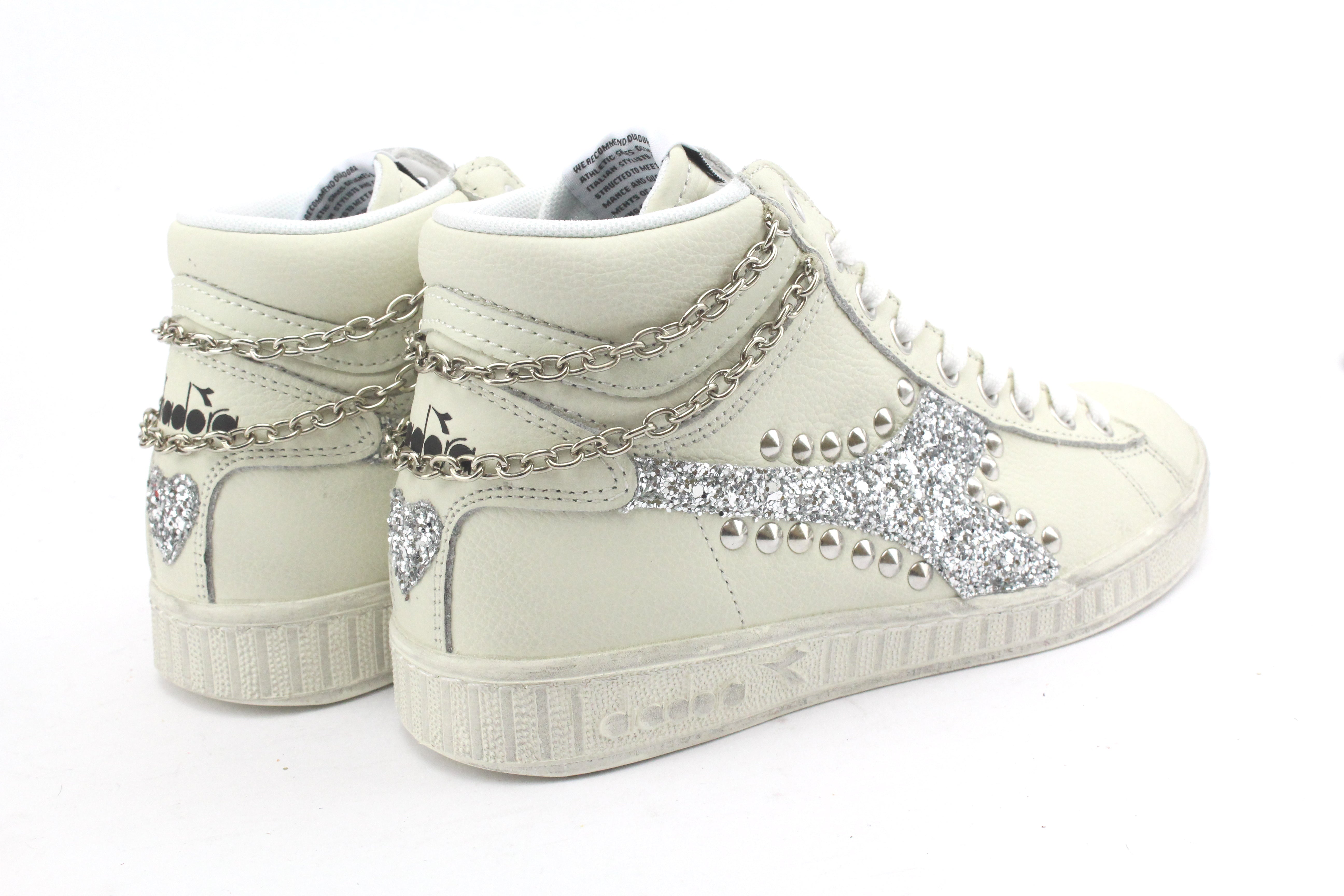 Diadora Game L High Waxed Glitter Argento Borchie & Catena