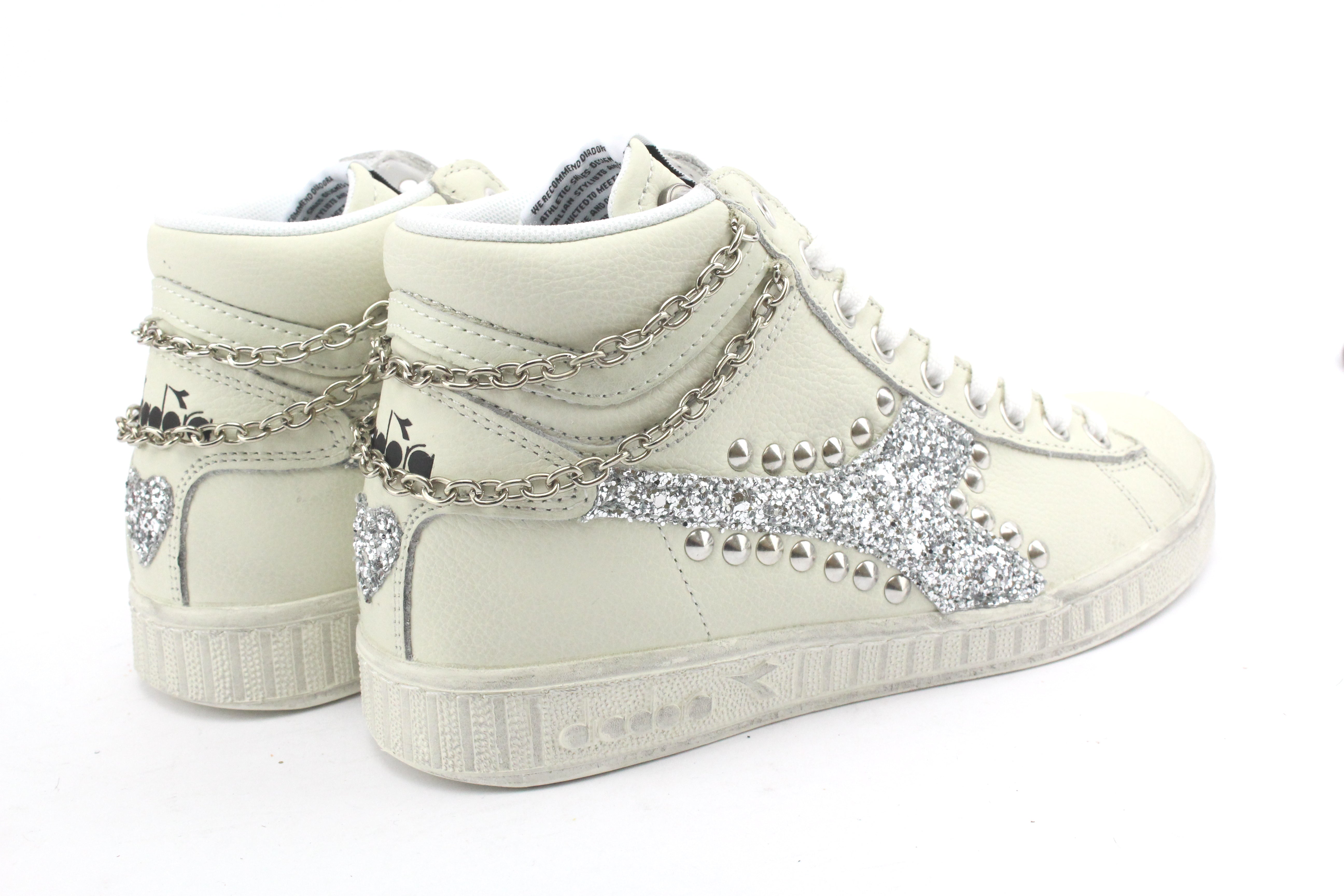 Diadora Game L High Waxed Glitter Argento Borchie & Catena
