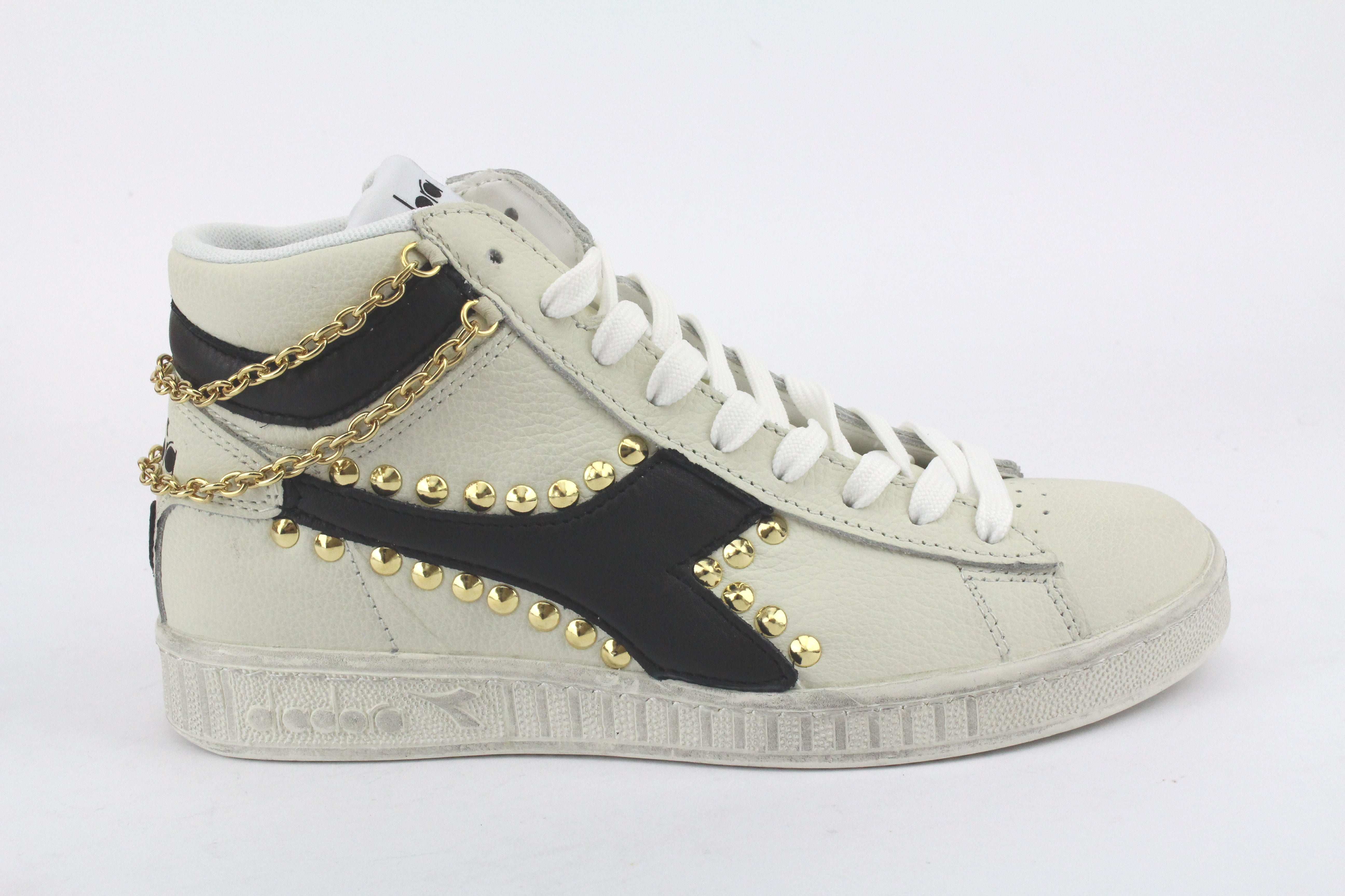 Diadora Game L High Waxed Pelle Nera Borchie & Catena