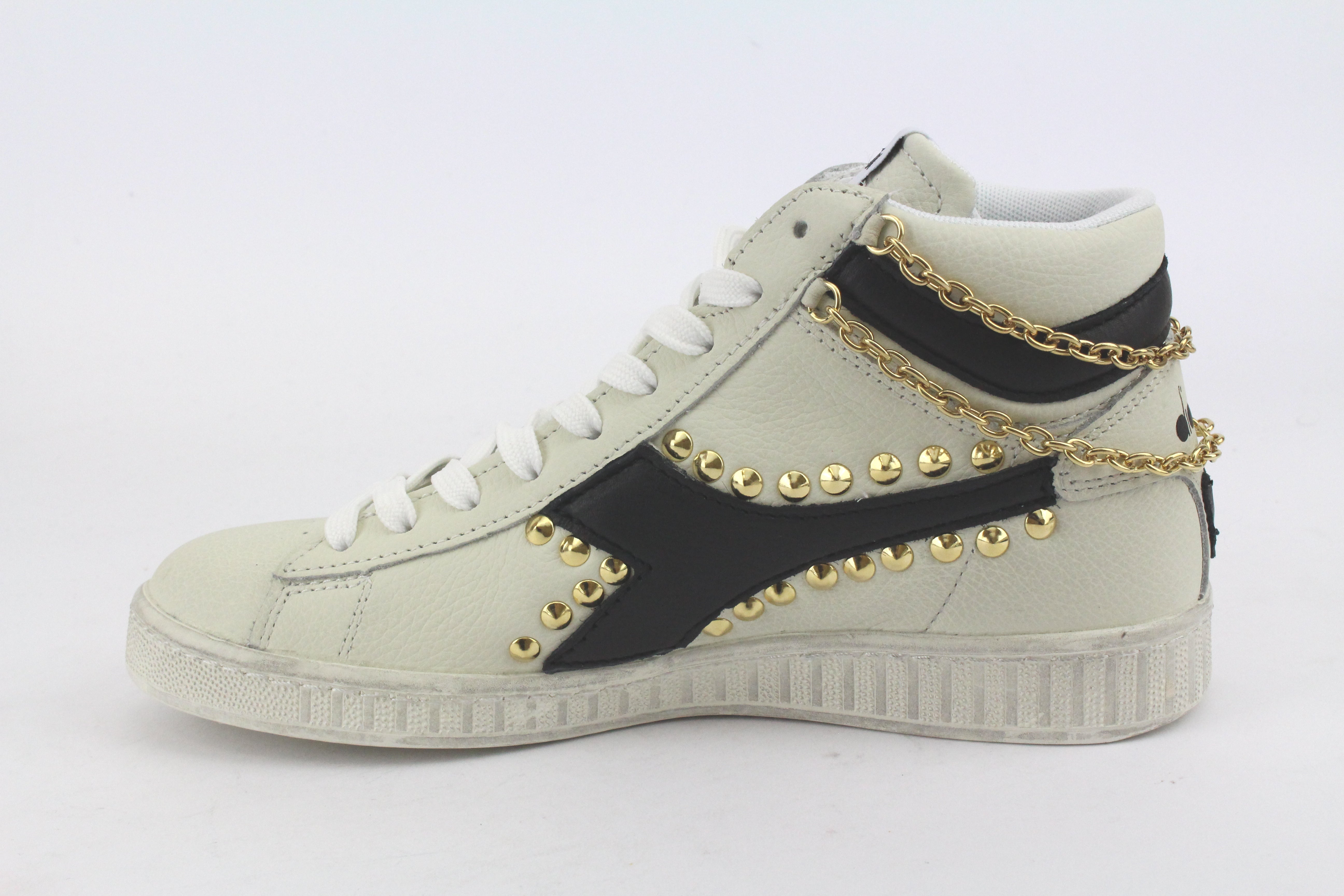 Diadora Game L High Waxed Pelle Nera Borchie & Catena