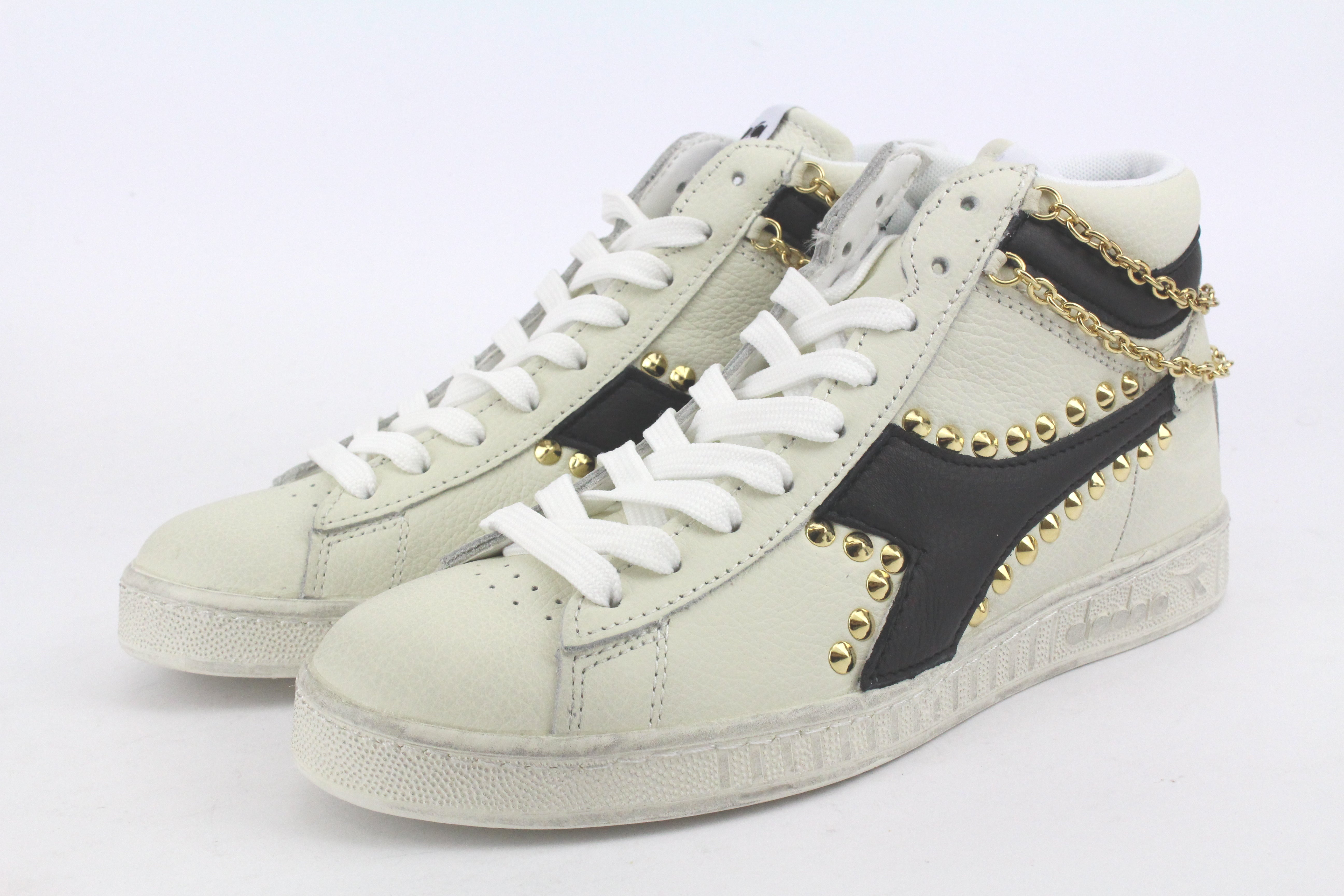 Diadora Game L High Waxed Pelle Nera Borchie & Catena