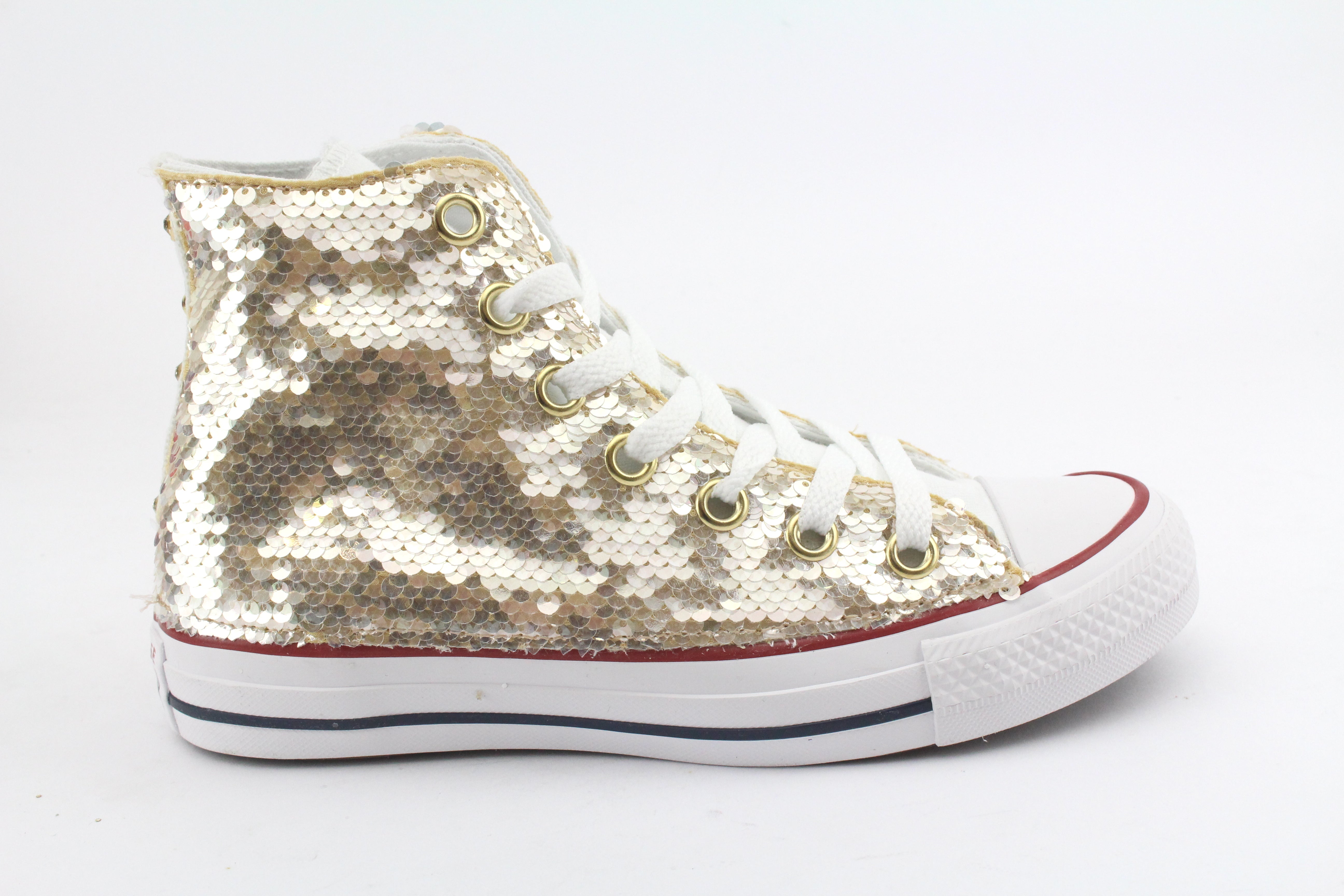 Converse All Star White Pailettes Oro Borchie & Strass