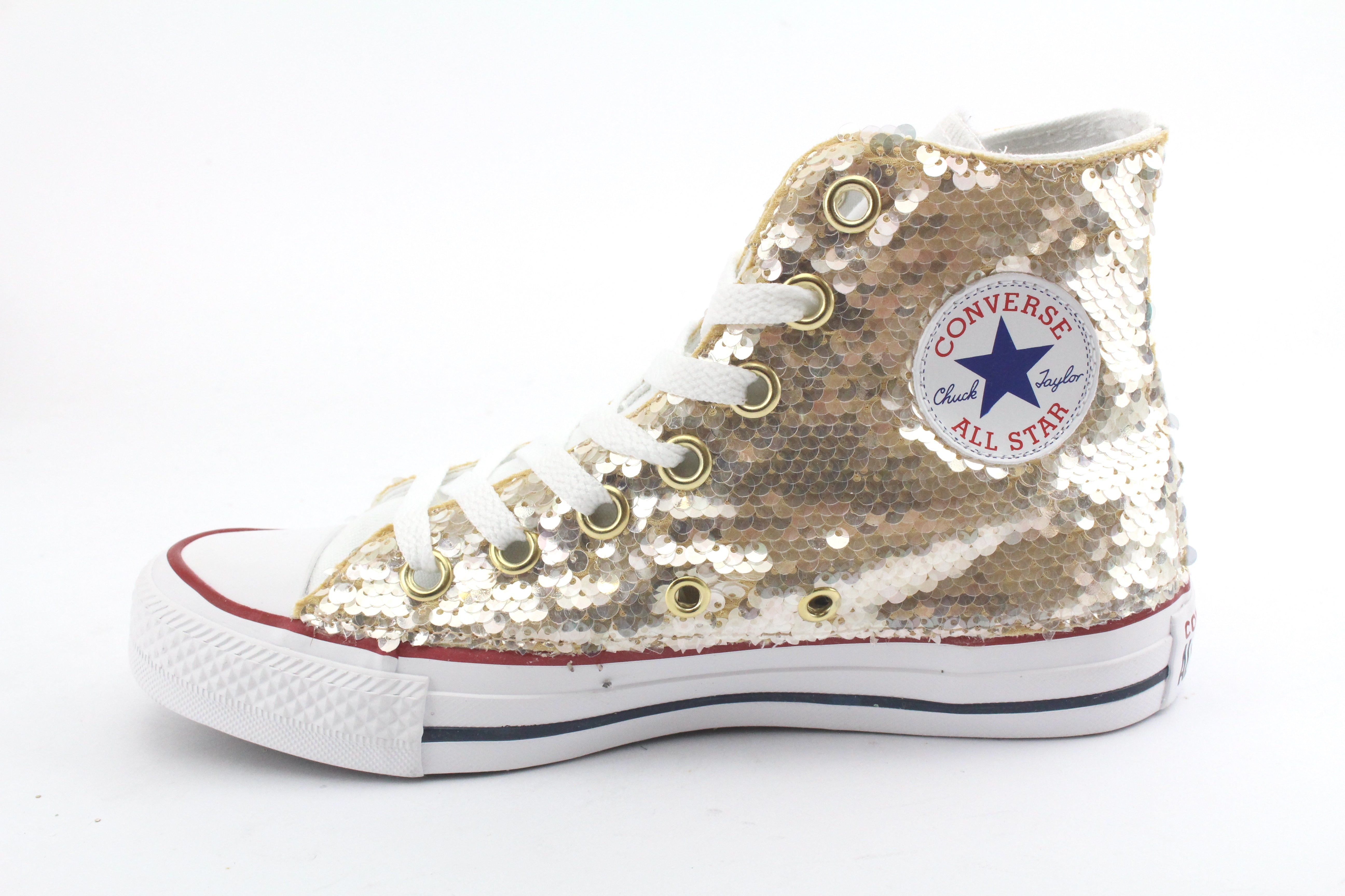 Converse All Star White Pailettes Oro Borchie & Strass