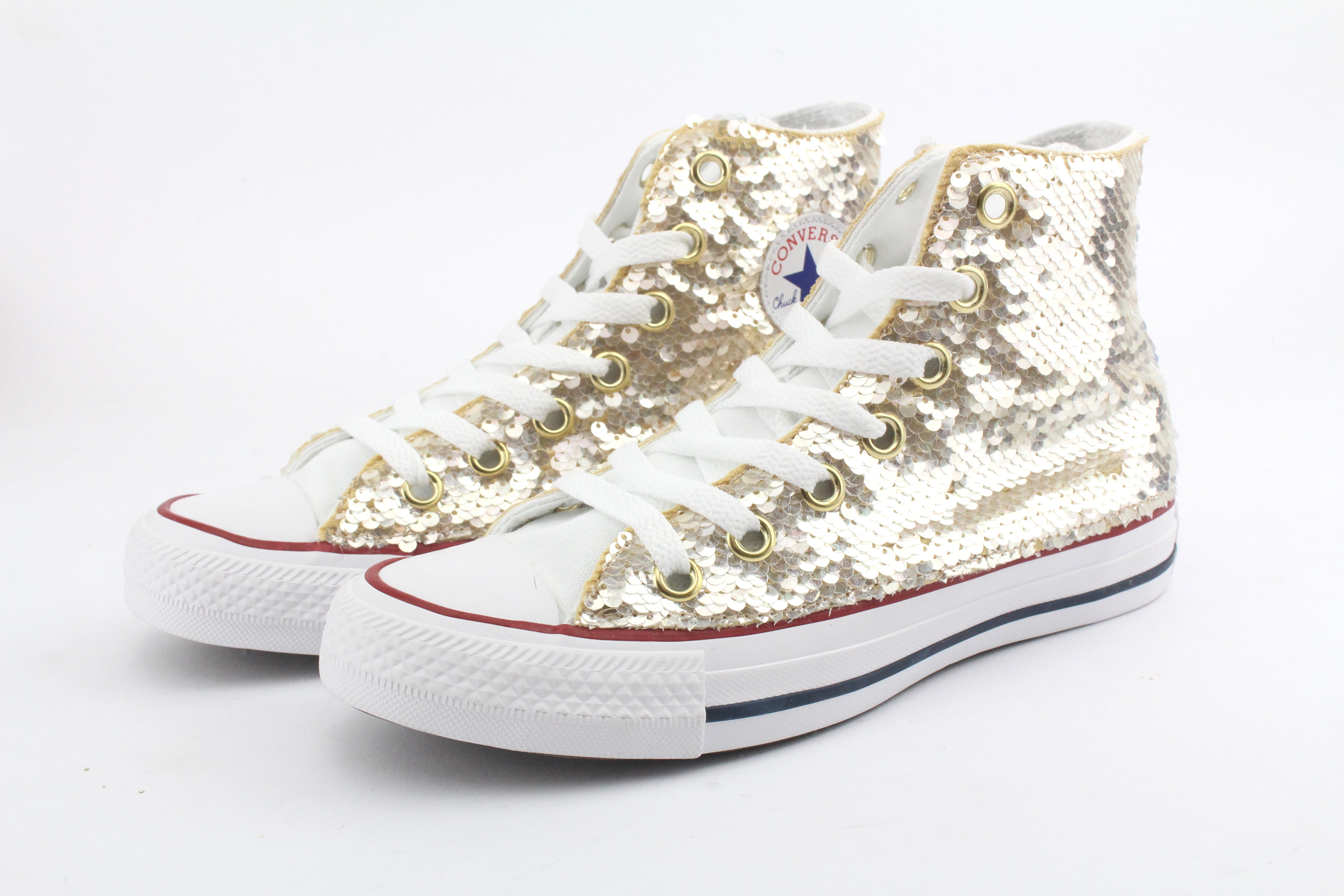 Converse All Star White Pailettes Oro Borchie & Strass