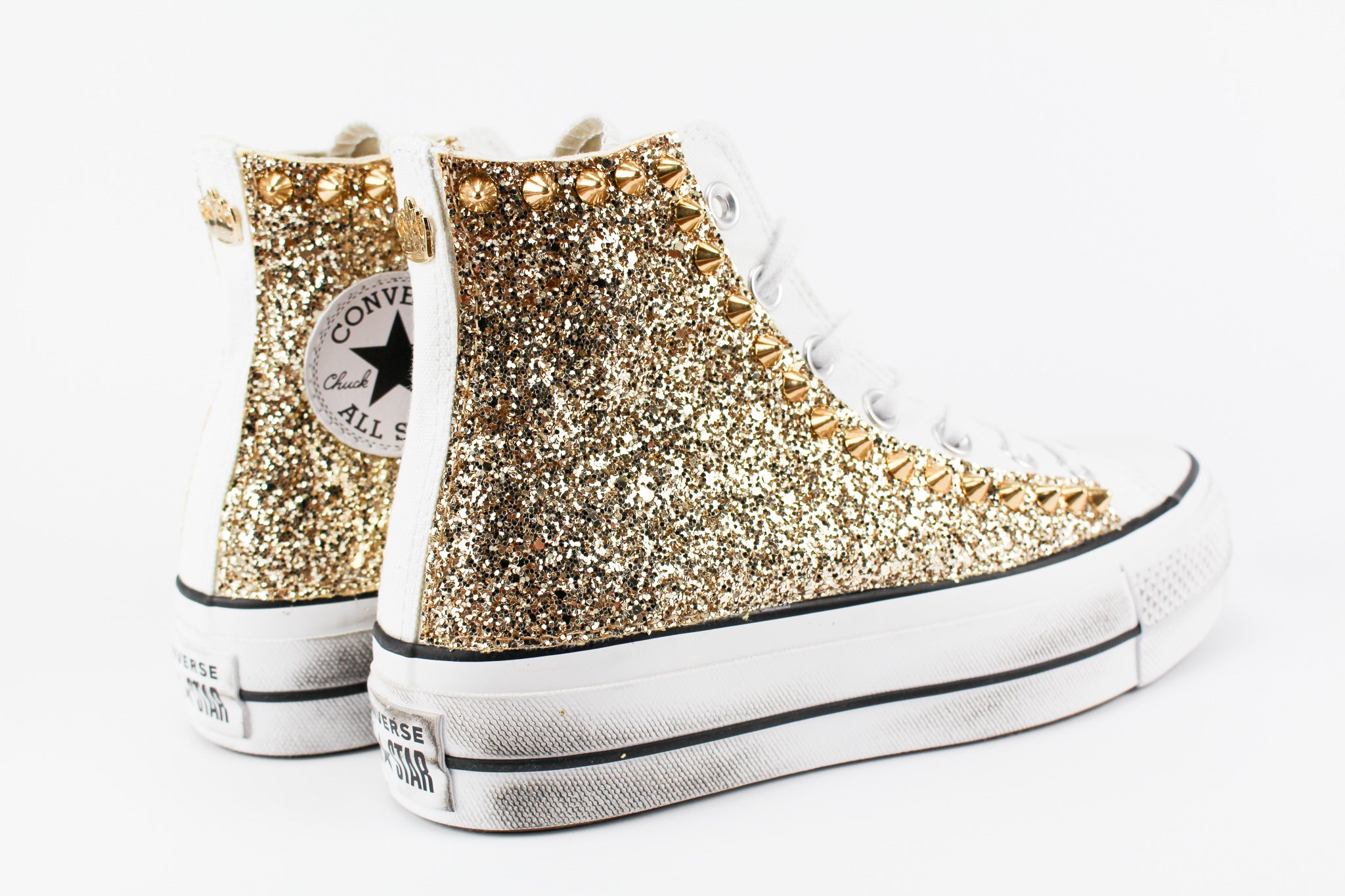 Converse All Star Platform Personalizzate Gold Glitter & Borchie