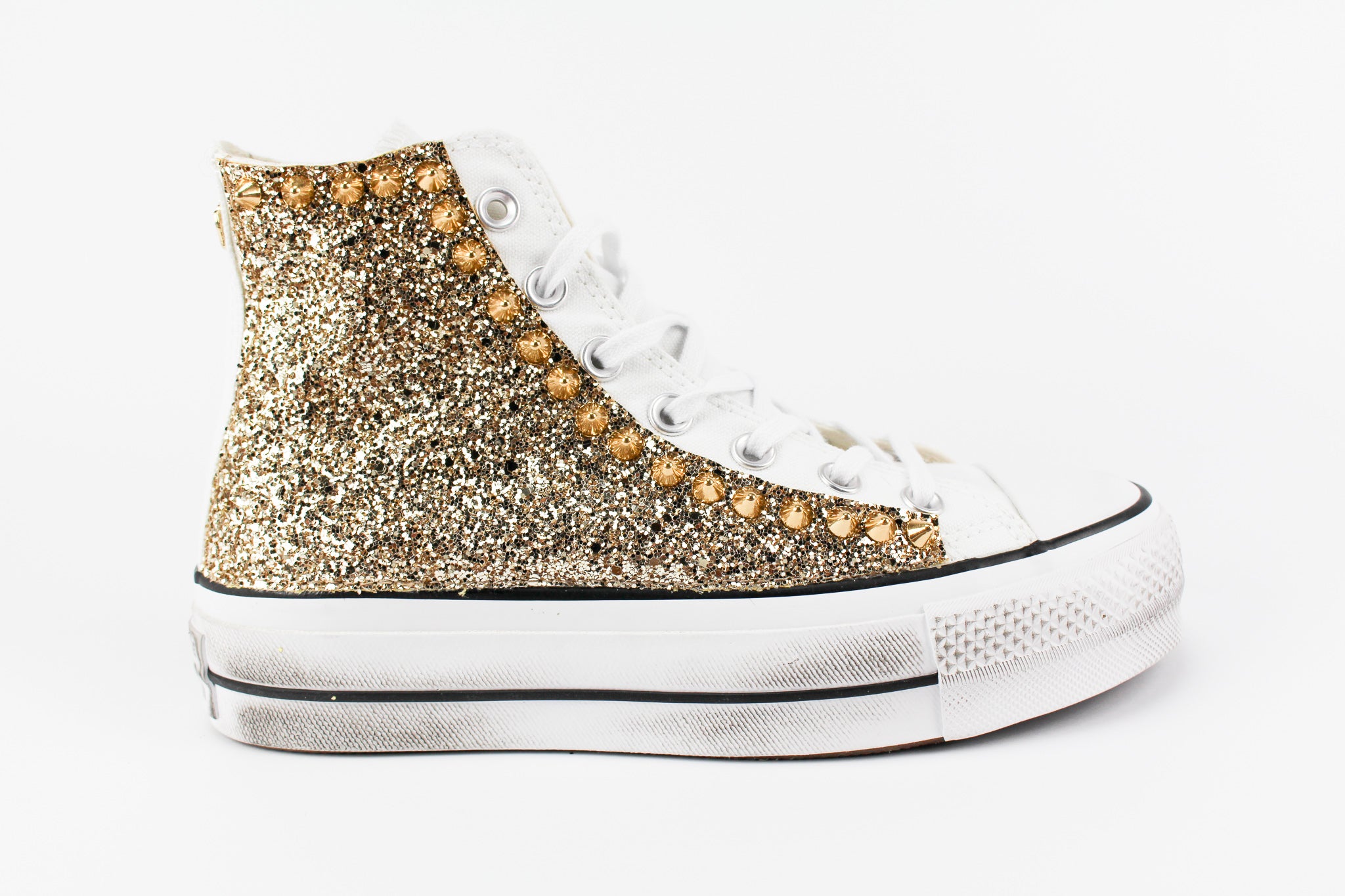 Converse All Star Platform Personalizzate Gold Glitter & Borchie