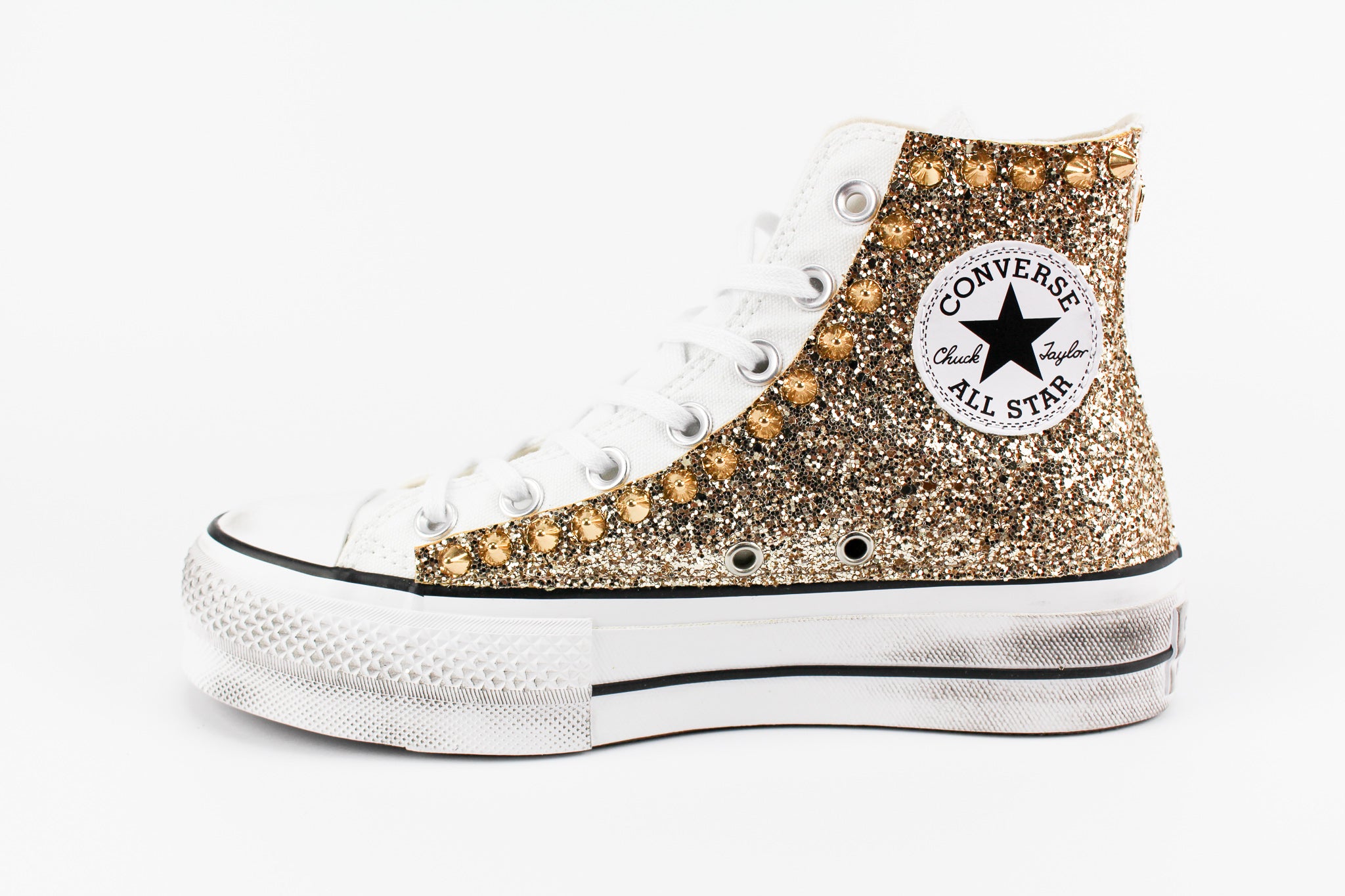 Converse All Star Platform Personalizzate Gold Glitter & Borchie