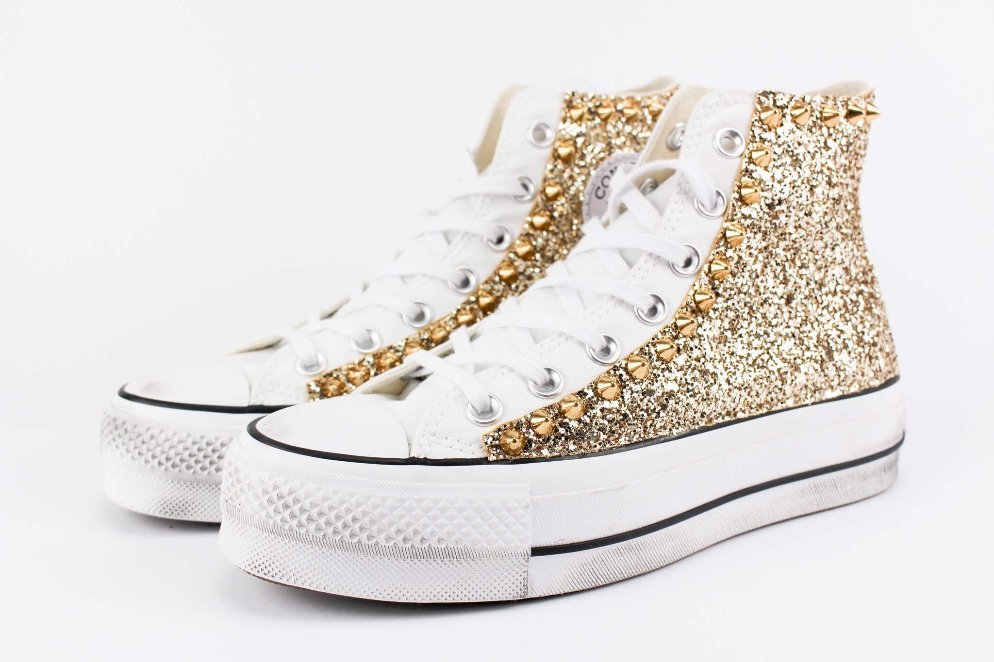 Converse All Star Platform Personalizzate Gold Glitter & Borchie