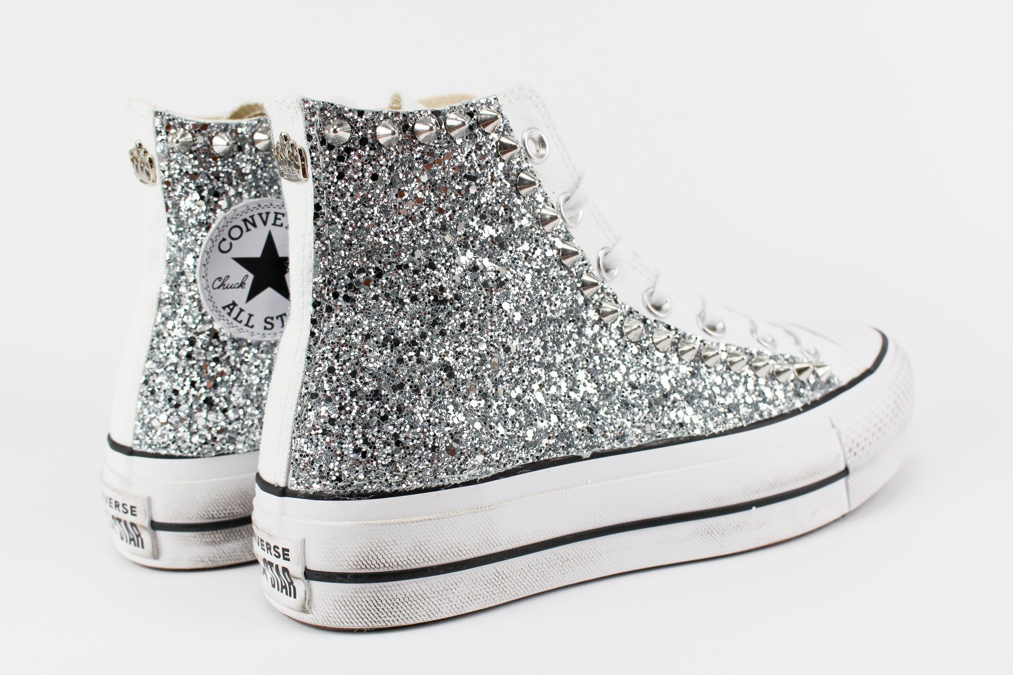 Converse All Star Platform Personalizzate Silver Glitter & Borchie