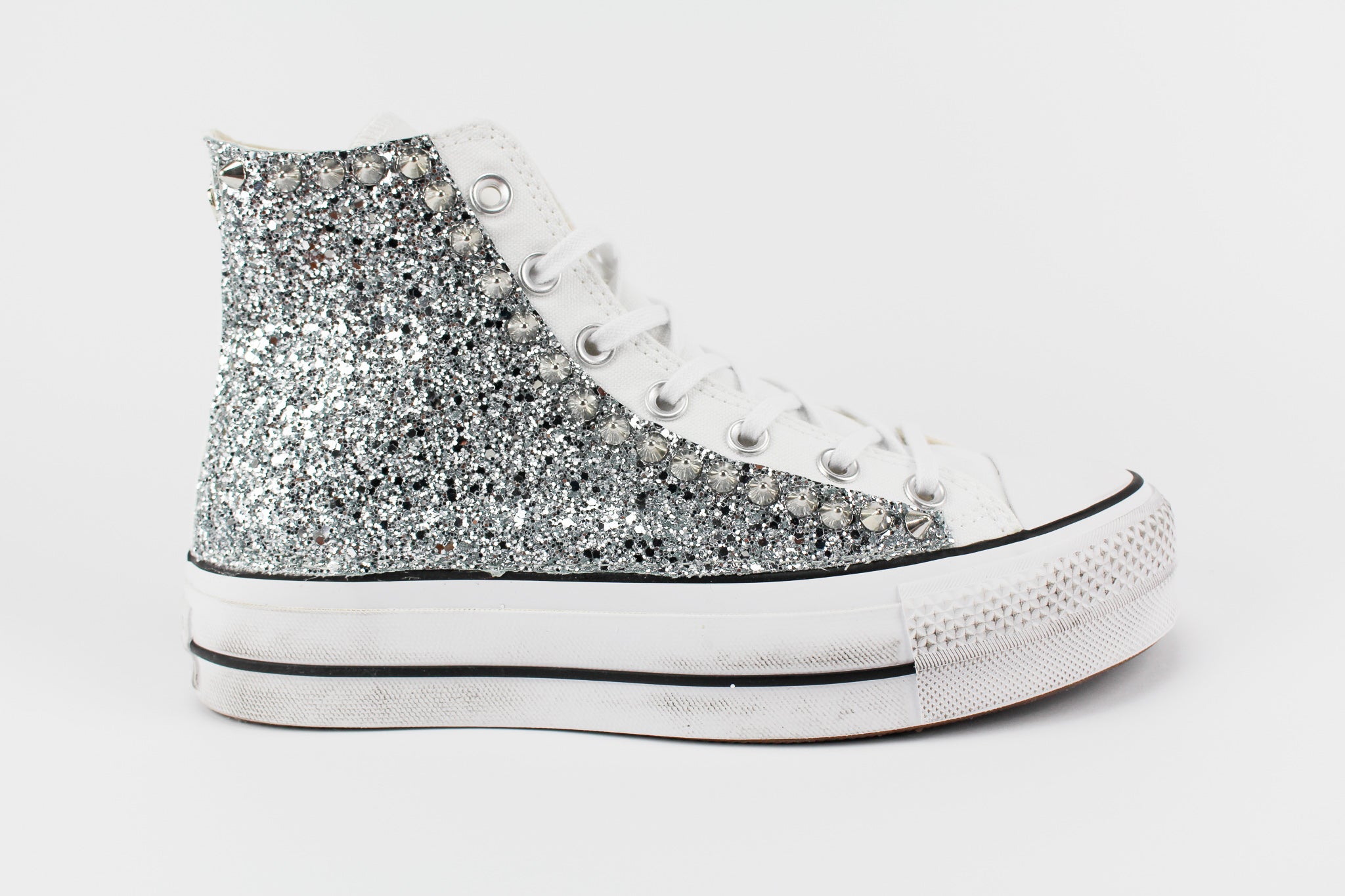 Converse All Star Platform Personalizzate Silver Glitter & Borchie