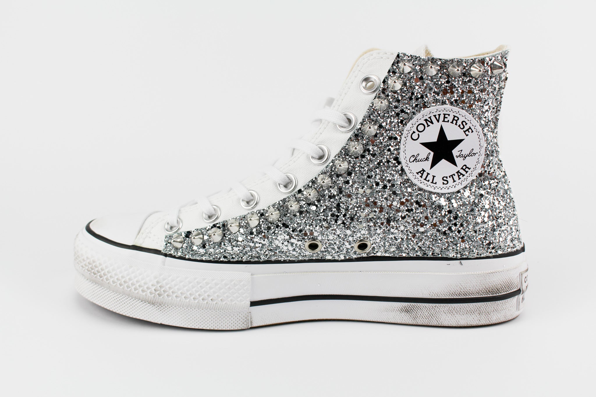 Converse All Star Platform Personalizzate Silver Glitter & Borchie