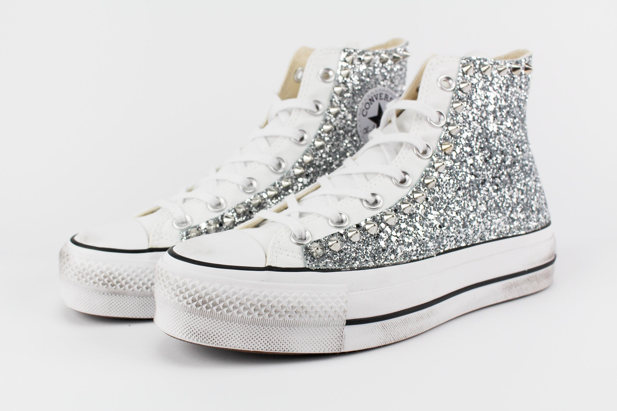 Converse All Star Platform Personalizzate Silver Glitter & Borchie